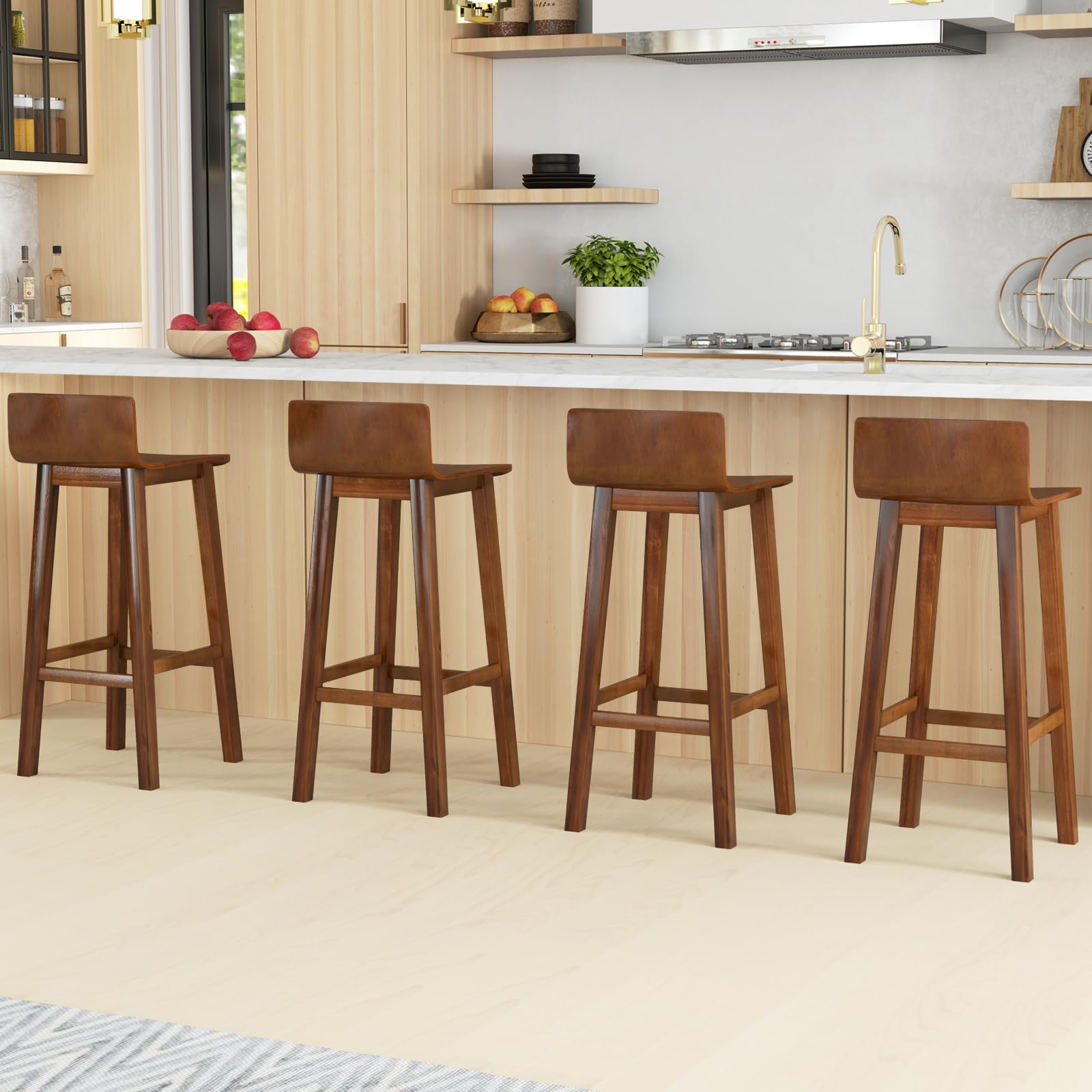 KOMFOTT Solid Wood Bar Stools Set of 2/4, Counter Height Chairs with Low Back and Footrest