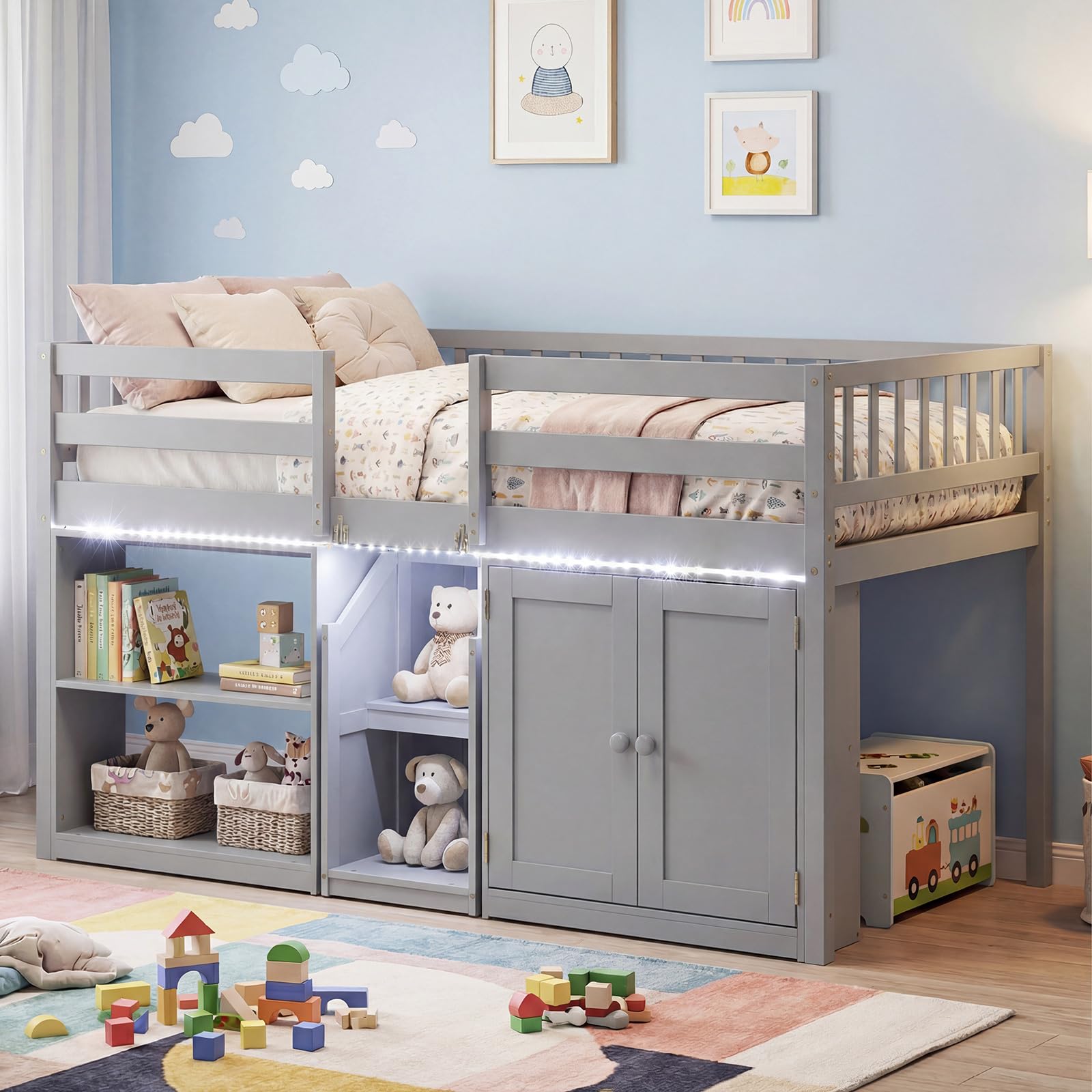 KOMFOTT Twin Size Low Loft Bed with LED Light Stairs & Guardrails