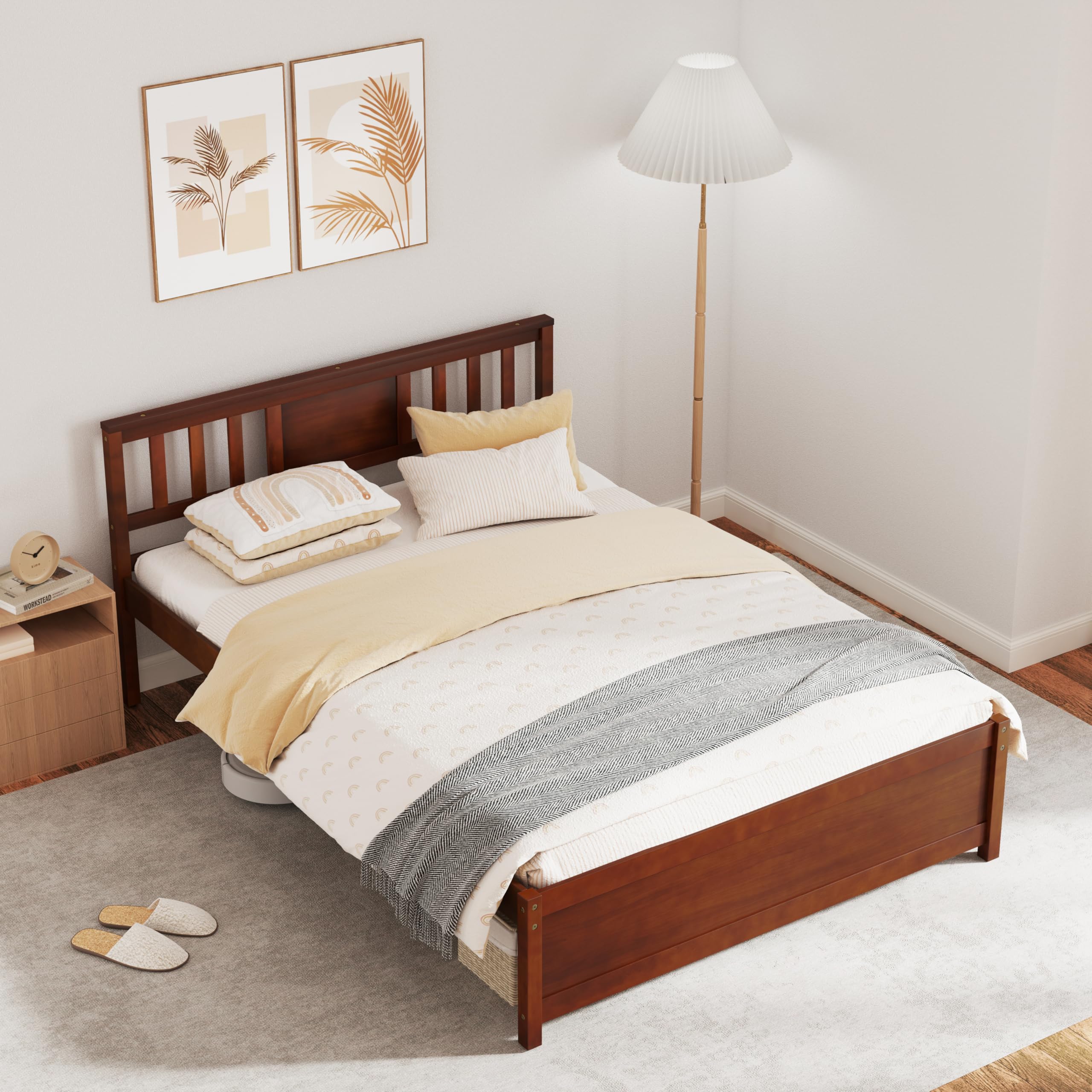 KOMFOTT  Wood Platform Bed Frame with Headboard Solid Wood Platform Bed