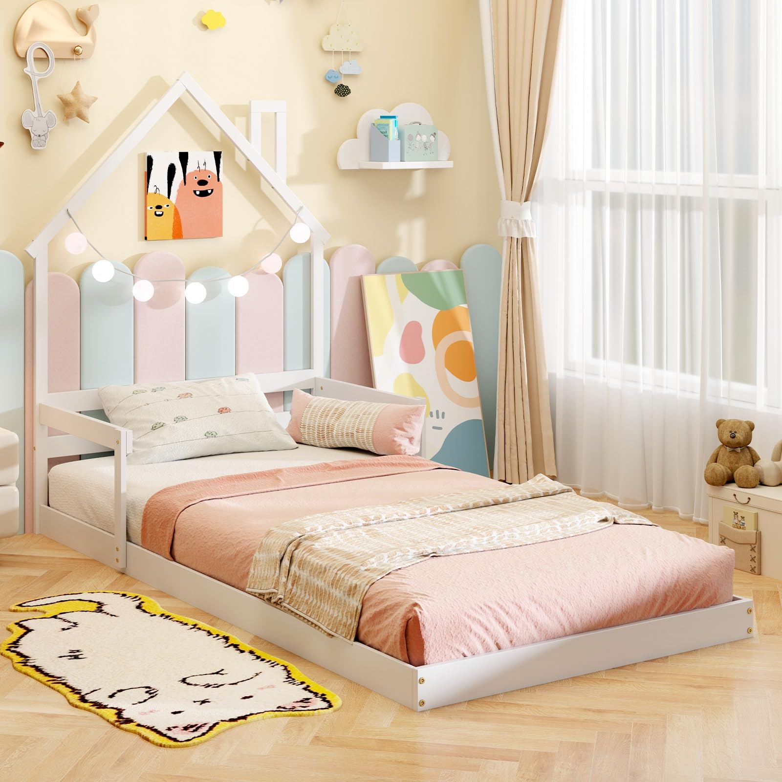 KOMFOTT Twin Floor Bed with House-Shaped Headboard