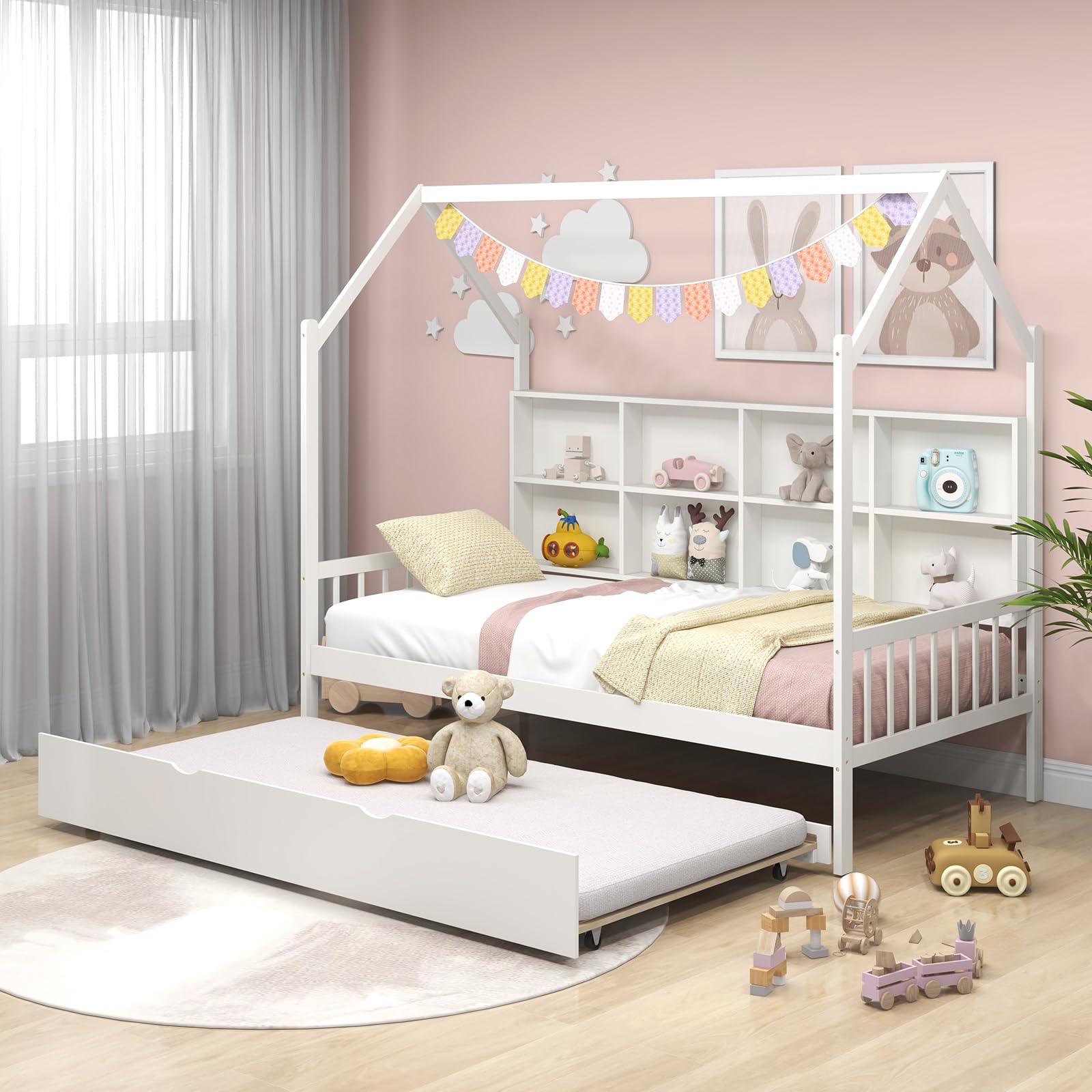 KOMFOTT Wood Twin House Bed with Trundle（White）