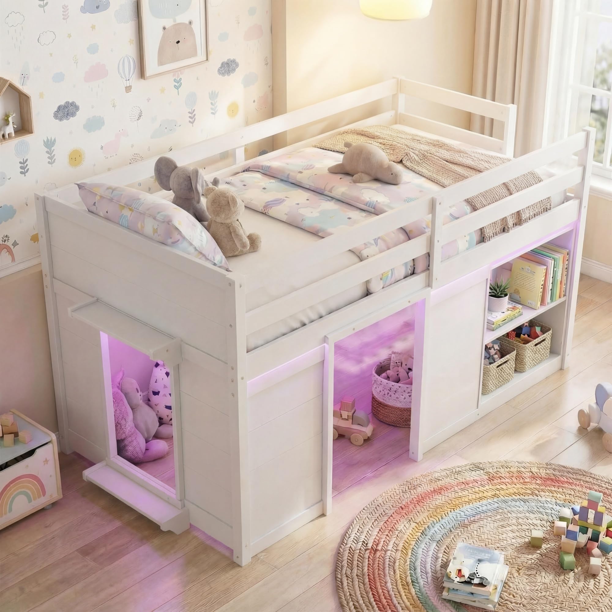 KOMFOTT Twin Low Loft Bed with LED Lights & 2 Doors, Under-Bed Play Space & Storage Bookcase