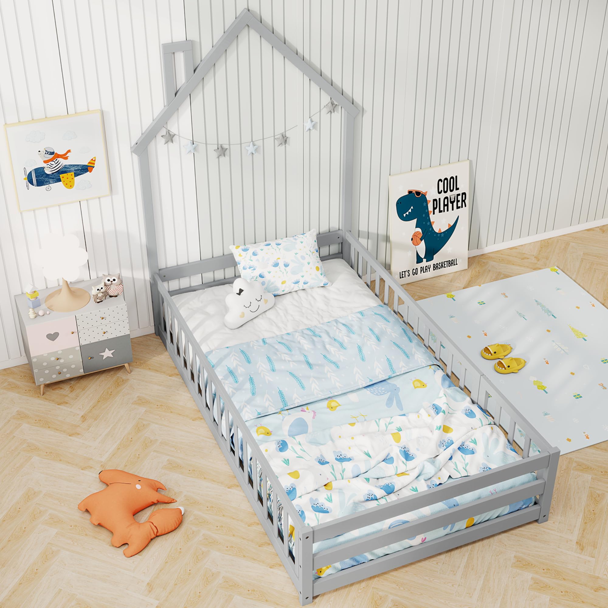 KOMFOTT Twin Size Wood Floor Bed with Door & Fence
