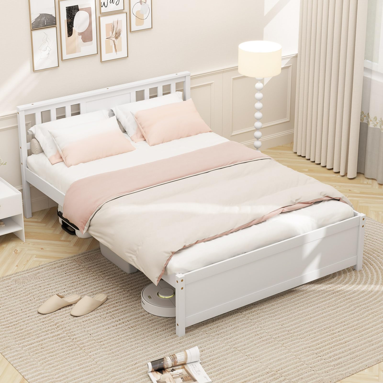 KOMFOTT  Wood Platform Bed Frame with Headboard Solid Wood Platform Bed