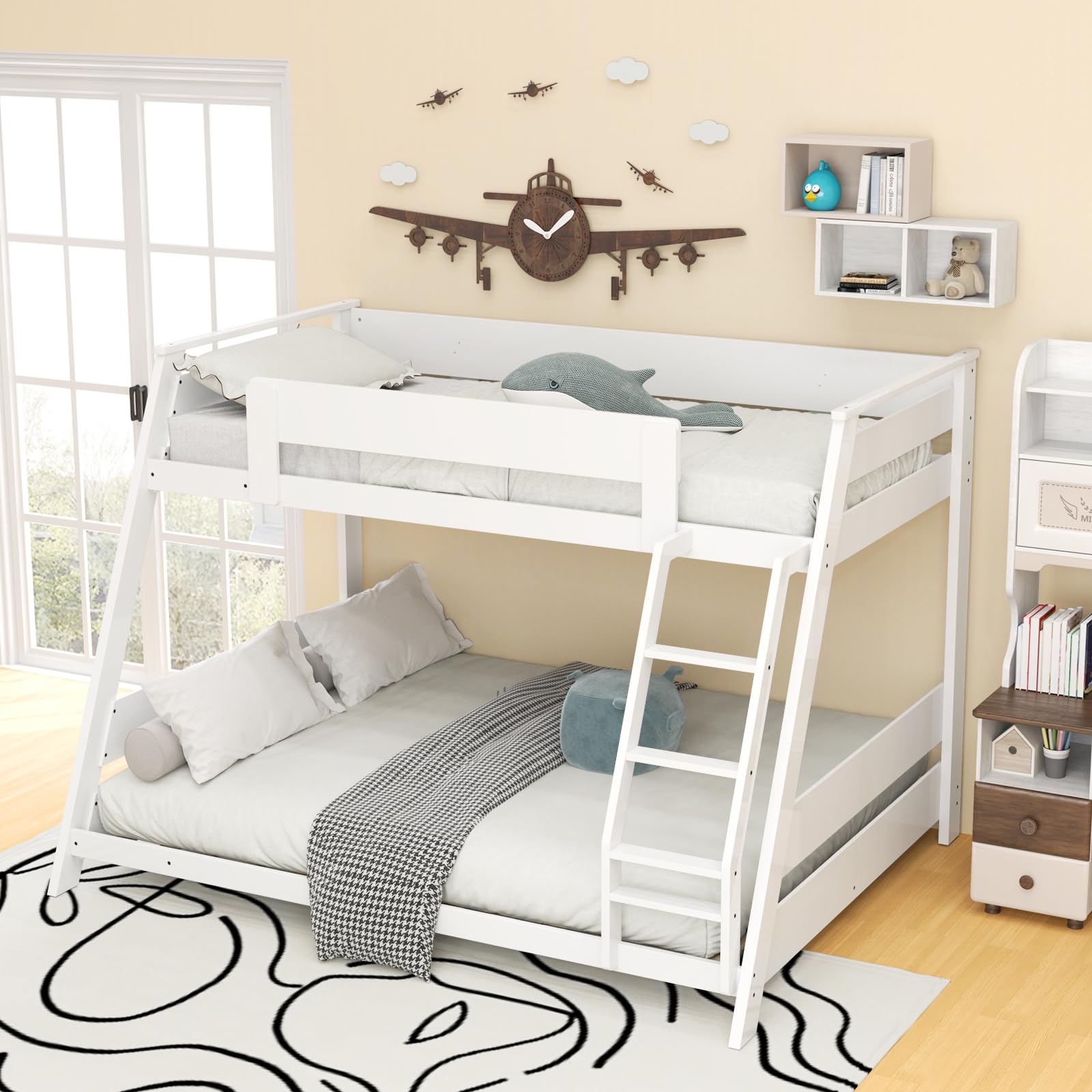 KOMFOTT Wood Twin Over Full Bunk Bed with Reversible Ladder