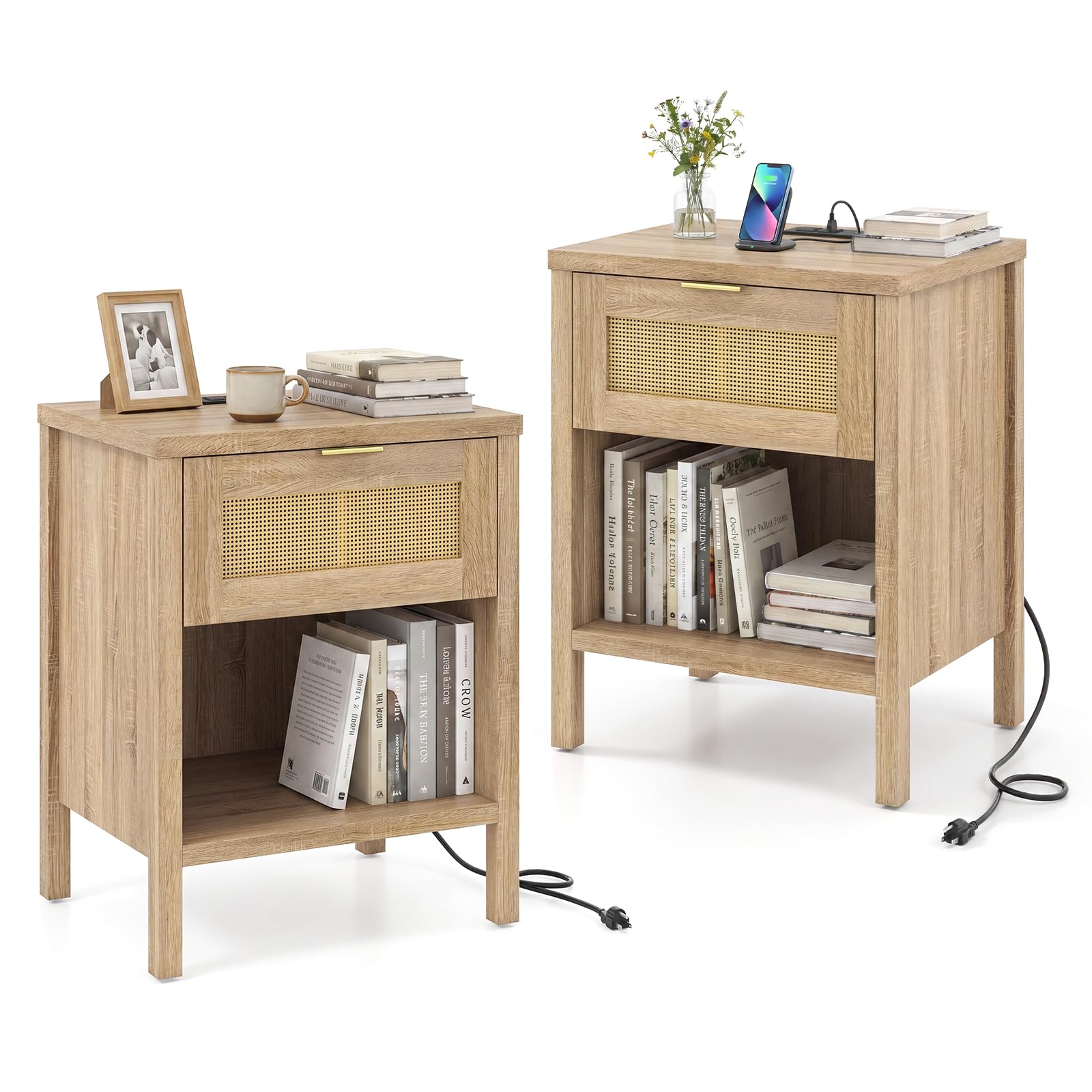 KOMFOTT Rattan Nightstand with Charging Station