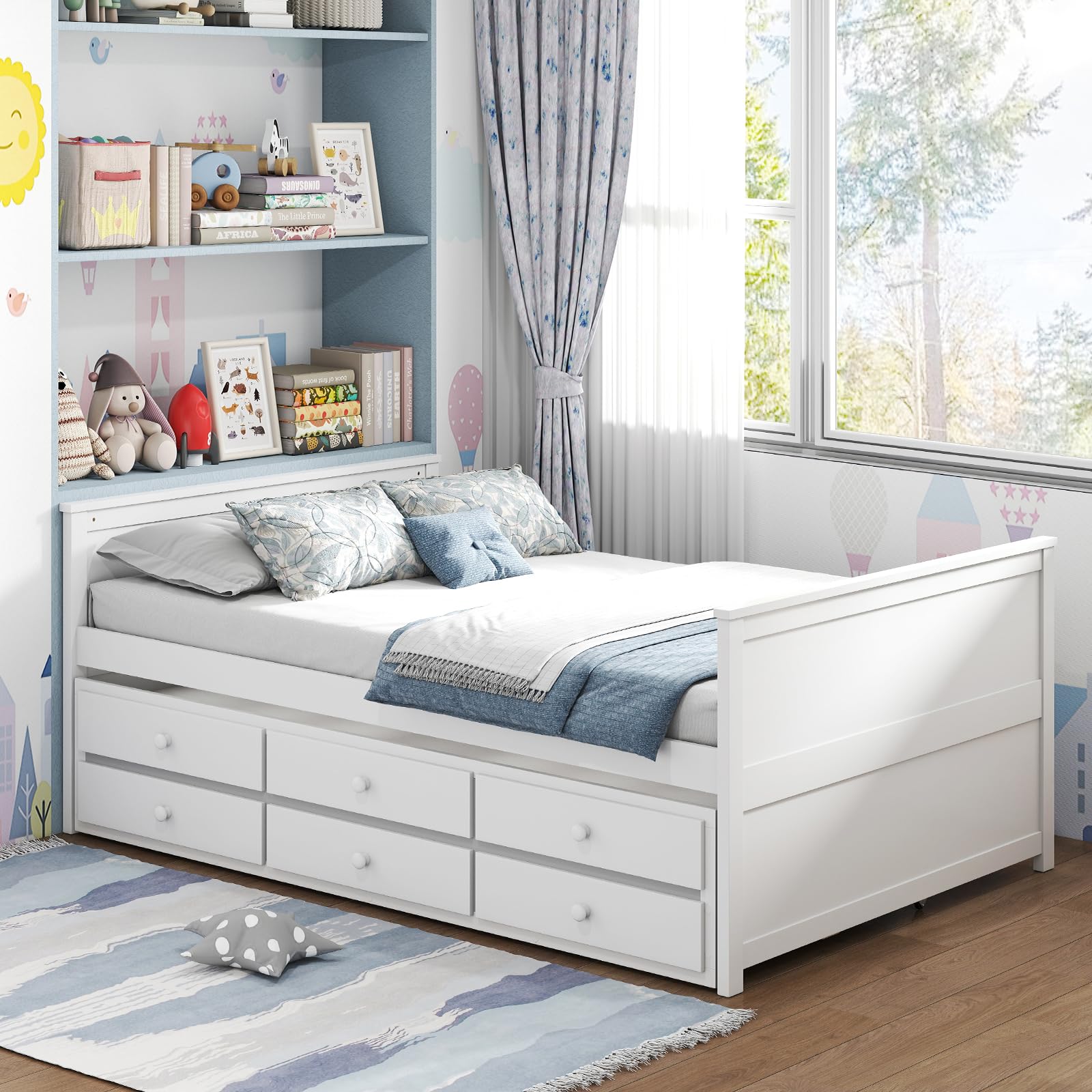 KOMFOTT Wood Full Trundle Bed with 3 Storage Drawers