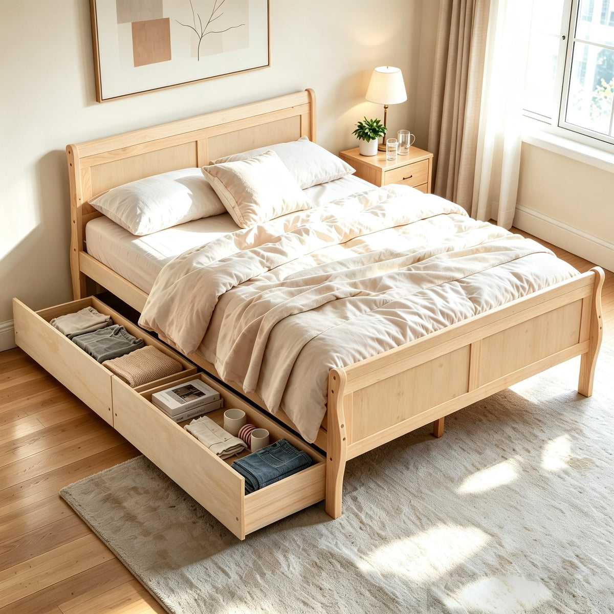 KOMFOTT Twin Size Sleigh Wood Bed Frame with 2 Storage Drawers