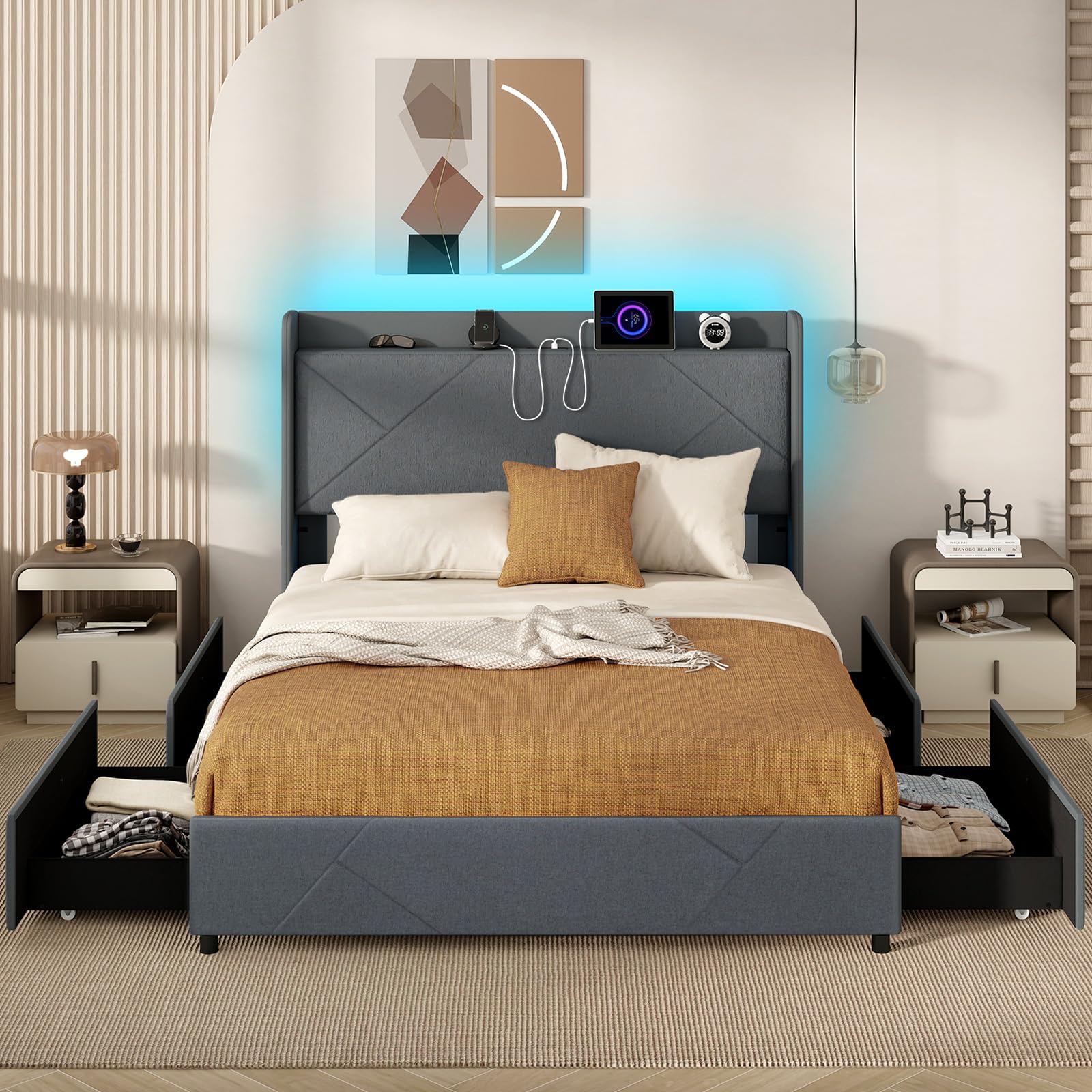 KOMFOTT Upholstered Bed Frame with 4 Storage Drawers & LED Lights, Wingback Headboard & Charging Station