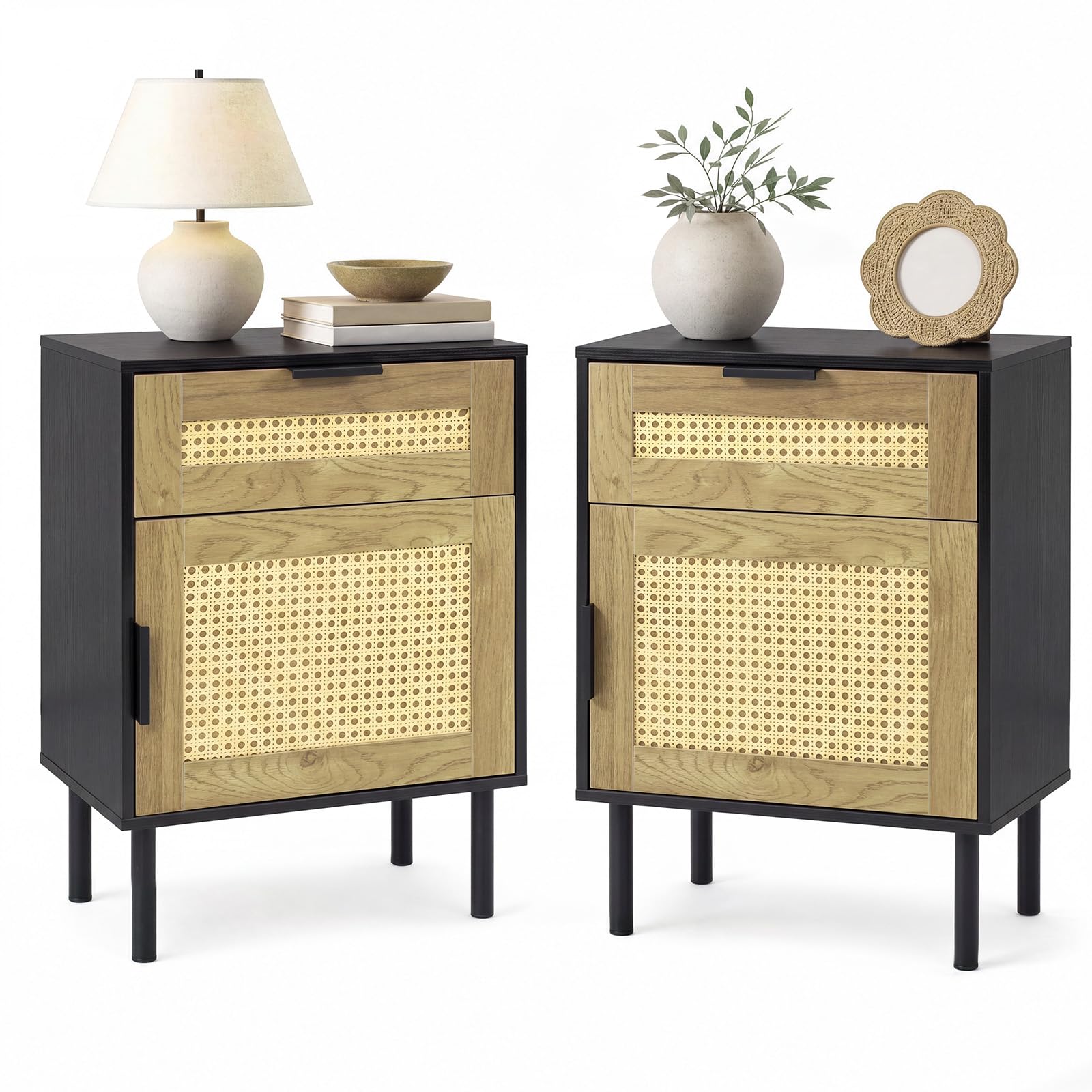 KOMFOTT Set of 2 Rattan Nightstand w/Drawer & Storage Cabinet