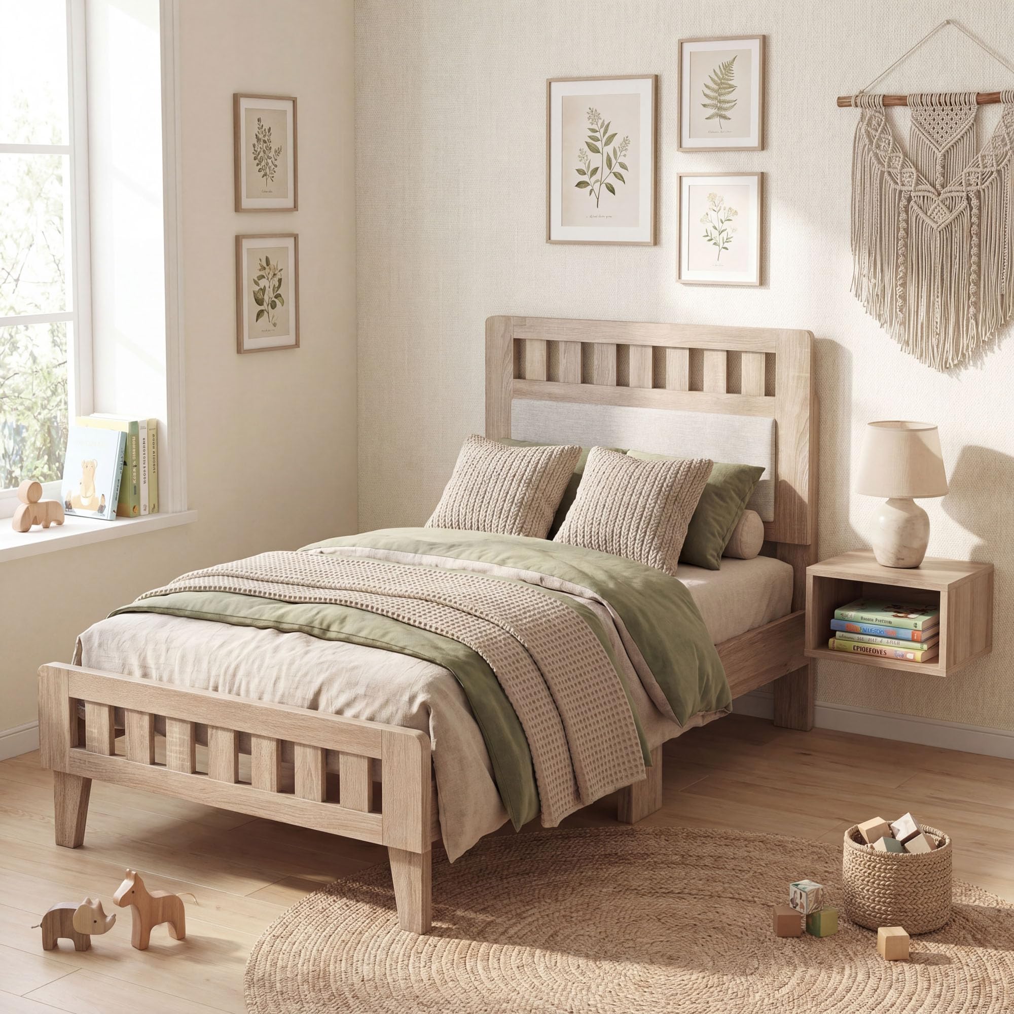 KOMFOTT Full/Twin/Queen Wood Bed Frame with Upholstered Headboard