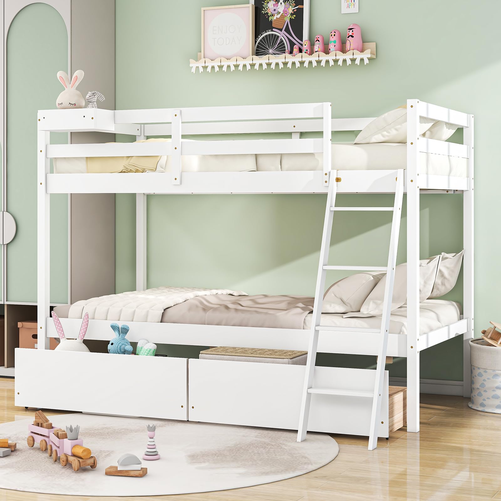 KOMFOTT Twin Over Twin Bunk Bed with 2 Roll-Out Drawers
