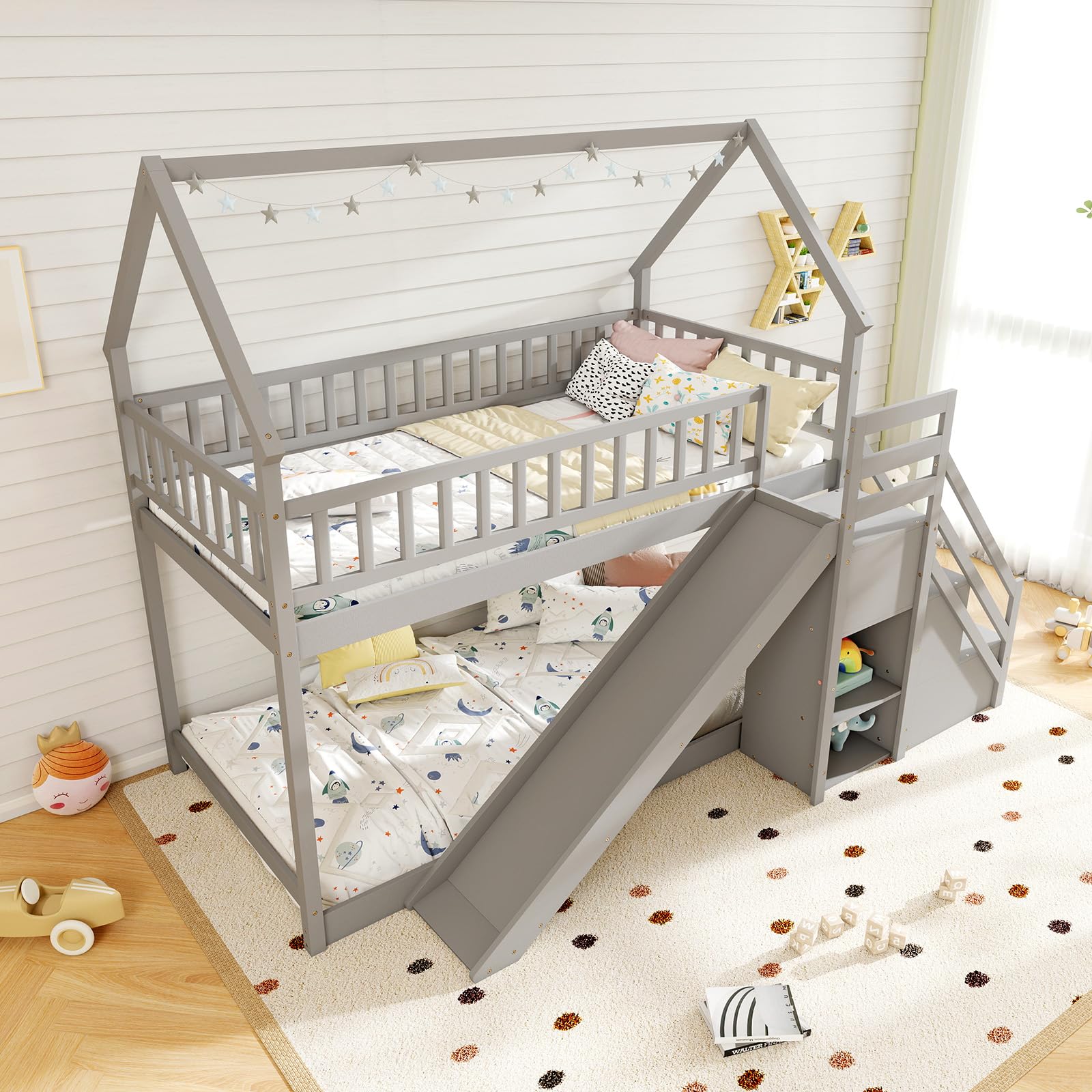 KOMFOTT Twin Over Twin  Wood House Bunk Bed with Slide & Stairs, Storage Shelves