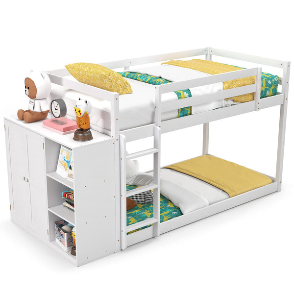 KOMFOTT Twin Over Twin Low Bunk Bed with Storage Cabinet & Shelves