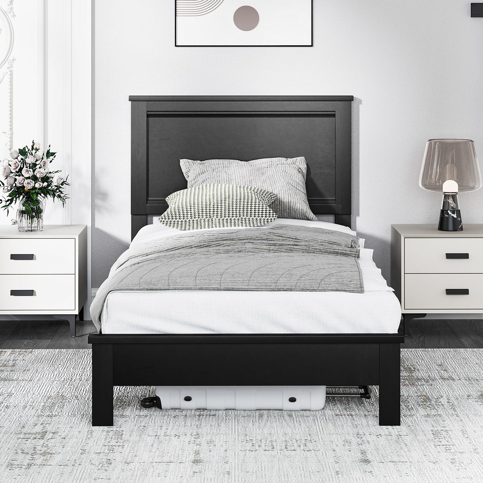 KOMFOTT Mid-Century Modern Platform Bed with Headboard, Solid Wood Legs