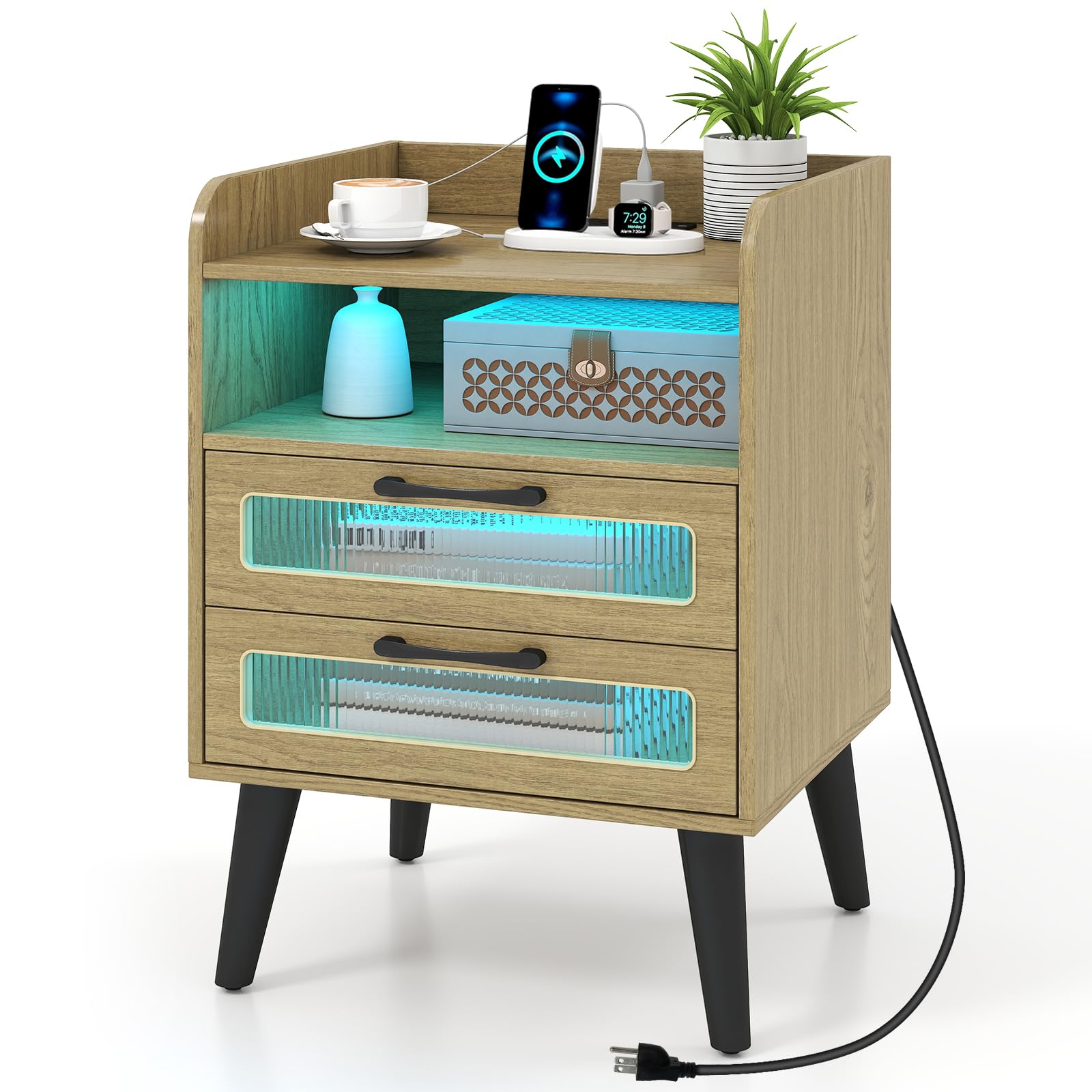 KOMFOTT Nightstand with Charging Station and LED Lights(1/2)