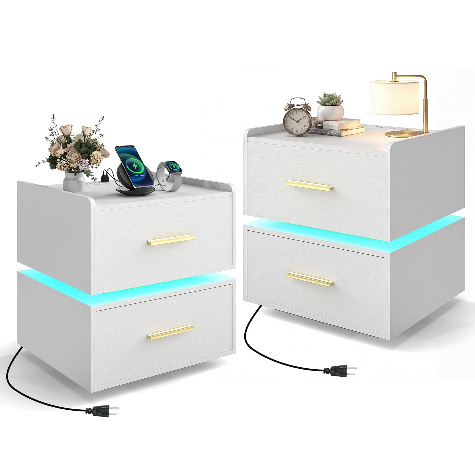 KOMFOTT Nightstand with Charging Station Set of 1/2 LED Bedside Table