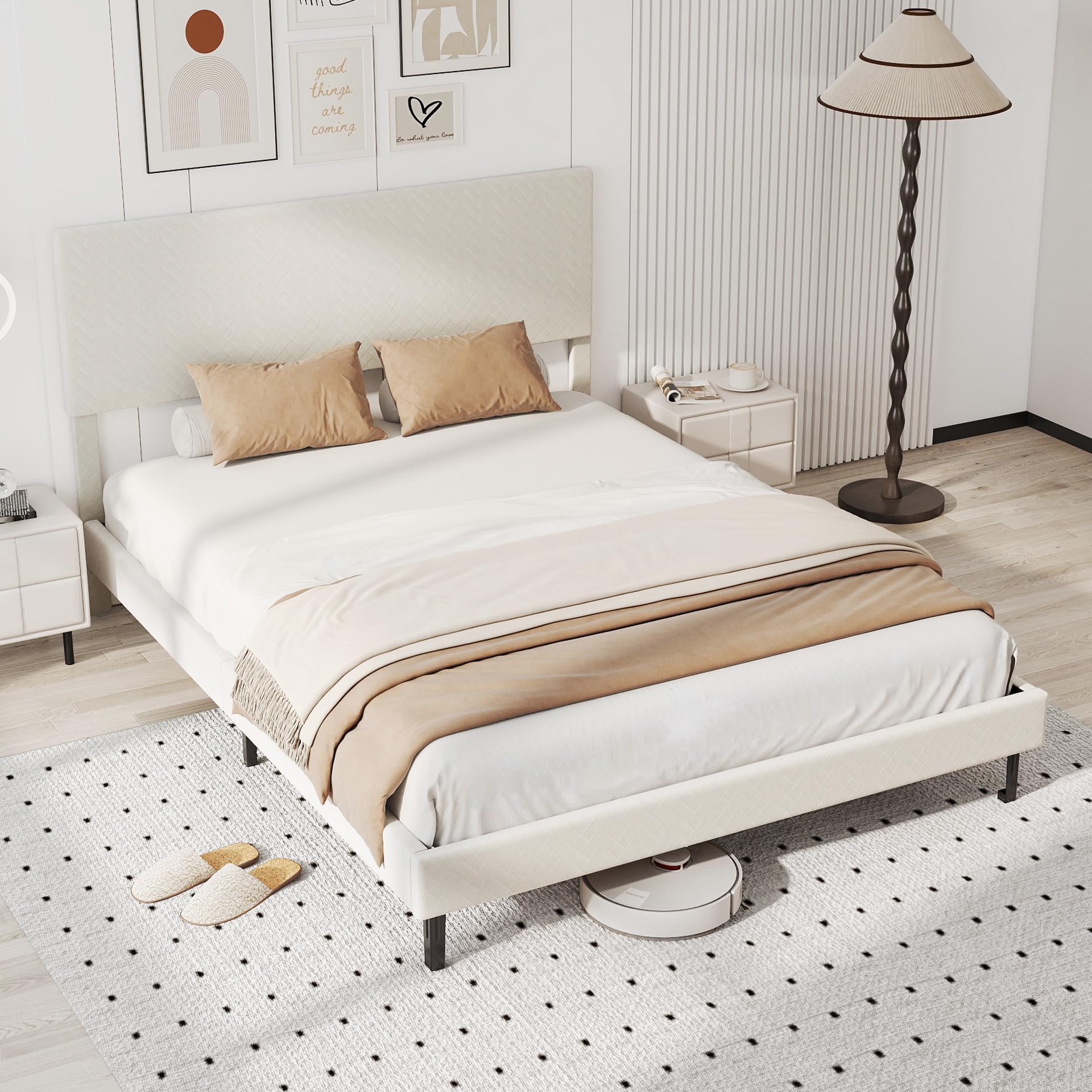KOMFOTT Bed Frame with Height Adjustable Linen Headboard