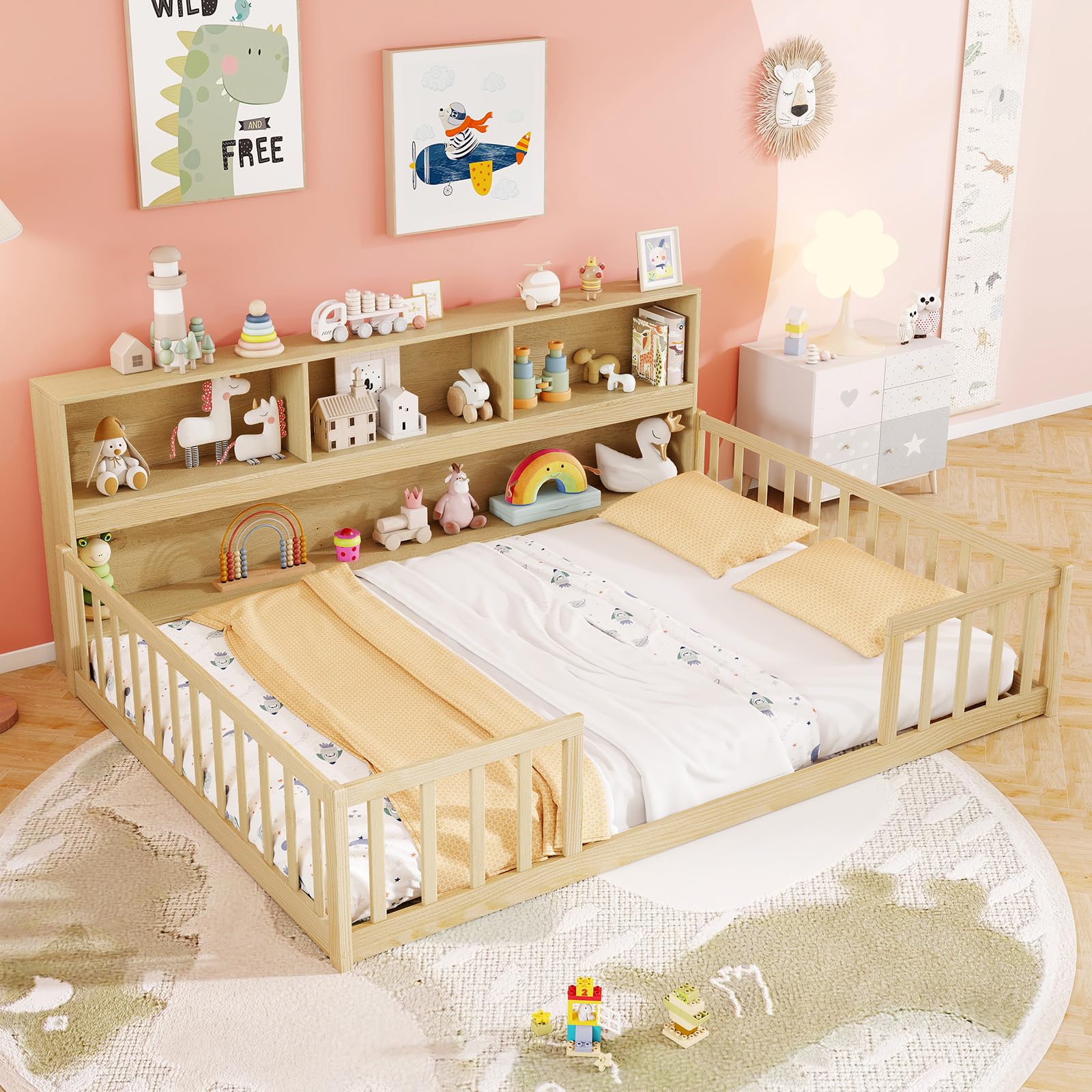 KOMFOTT Floor Bed with Bookcase & Shelves