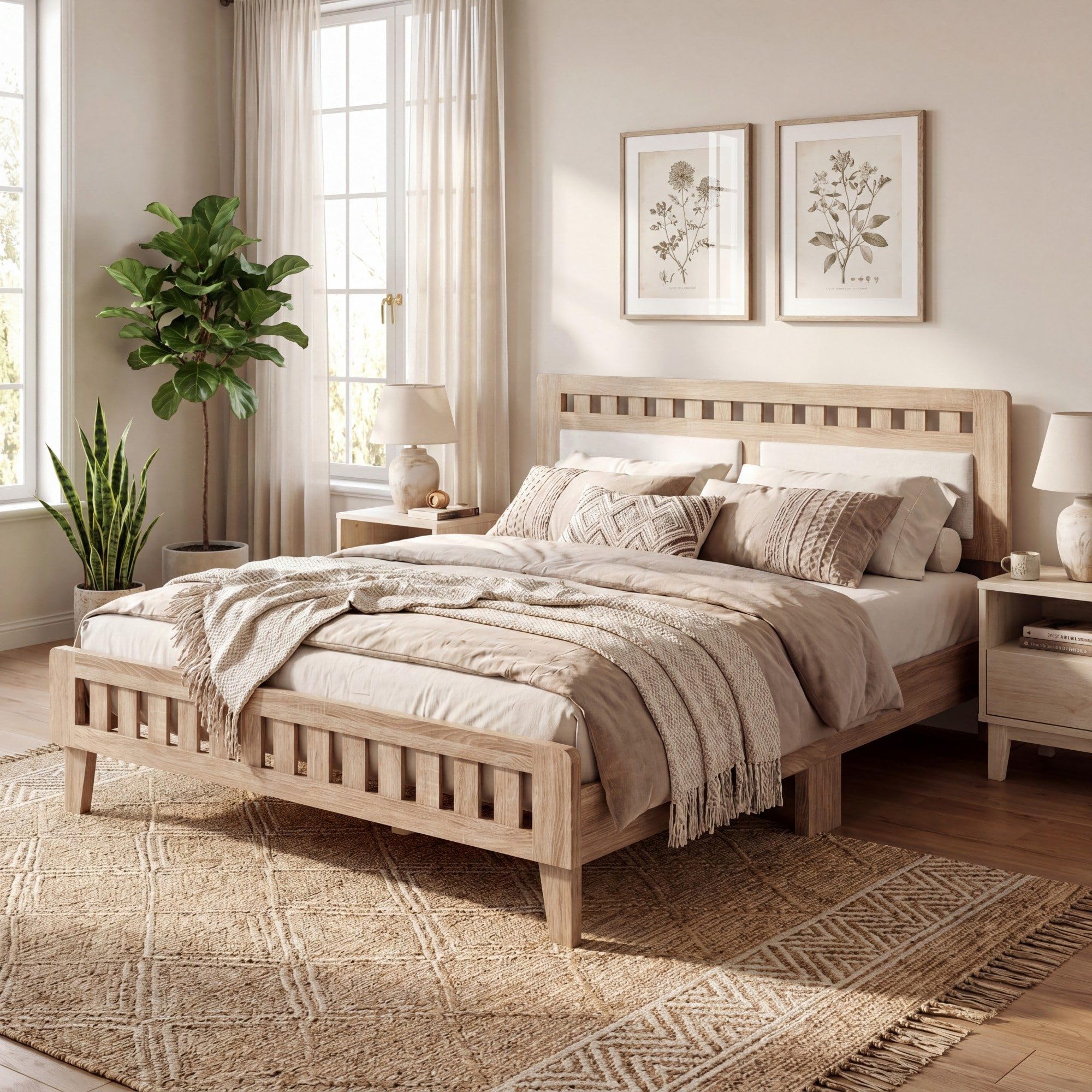 KOMFOTT Full/Twin/Queen Wood Bed Frame with Upholstered Headboard