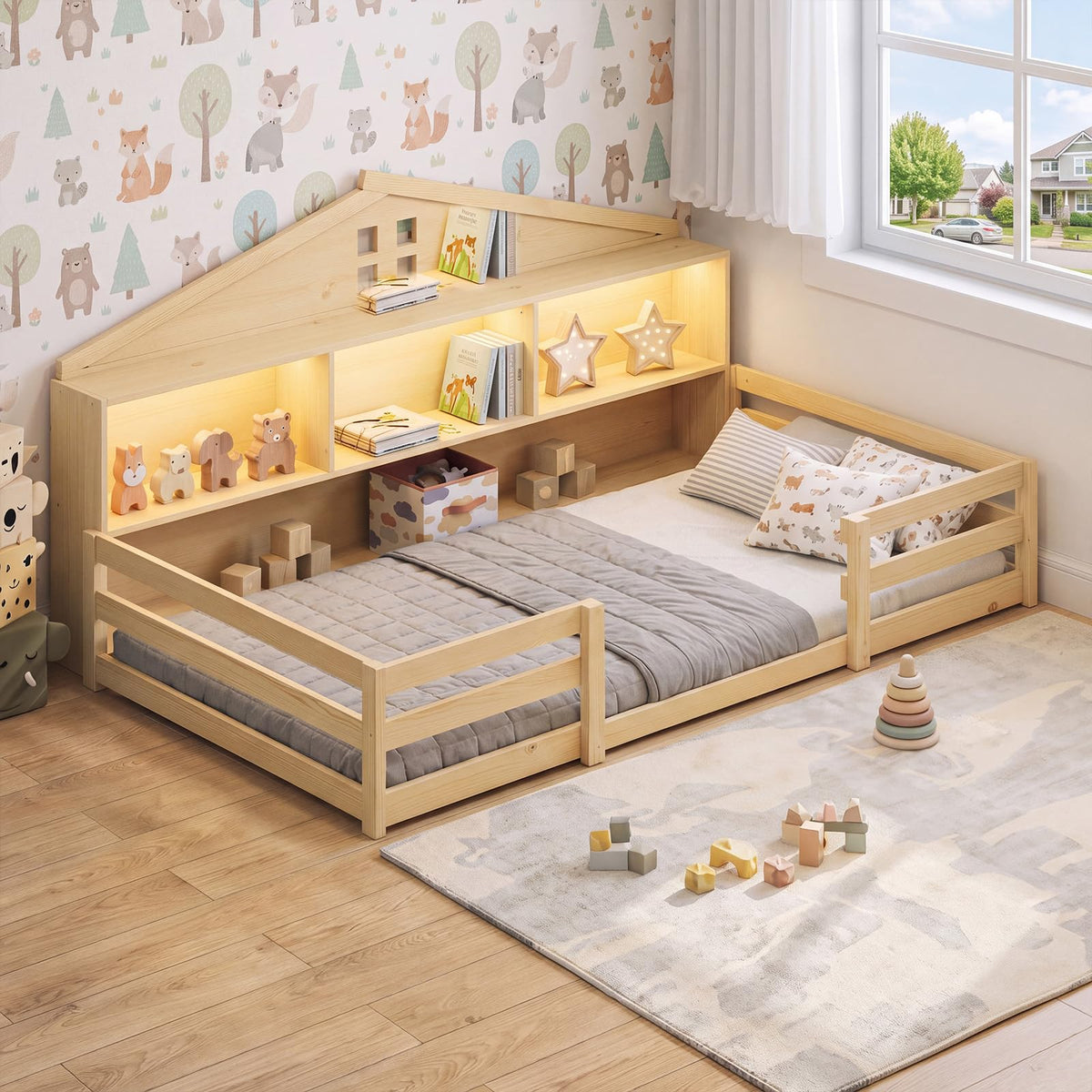 KOMFOTT Twin/Full Floor Bed with Bookcase & LED Light & Fence