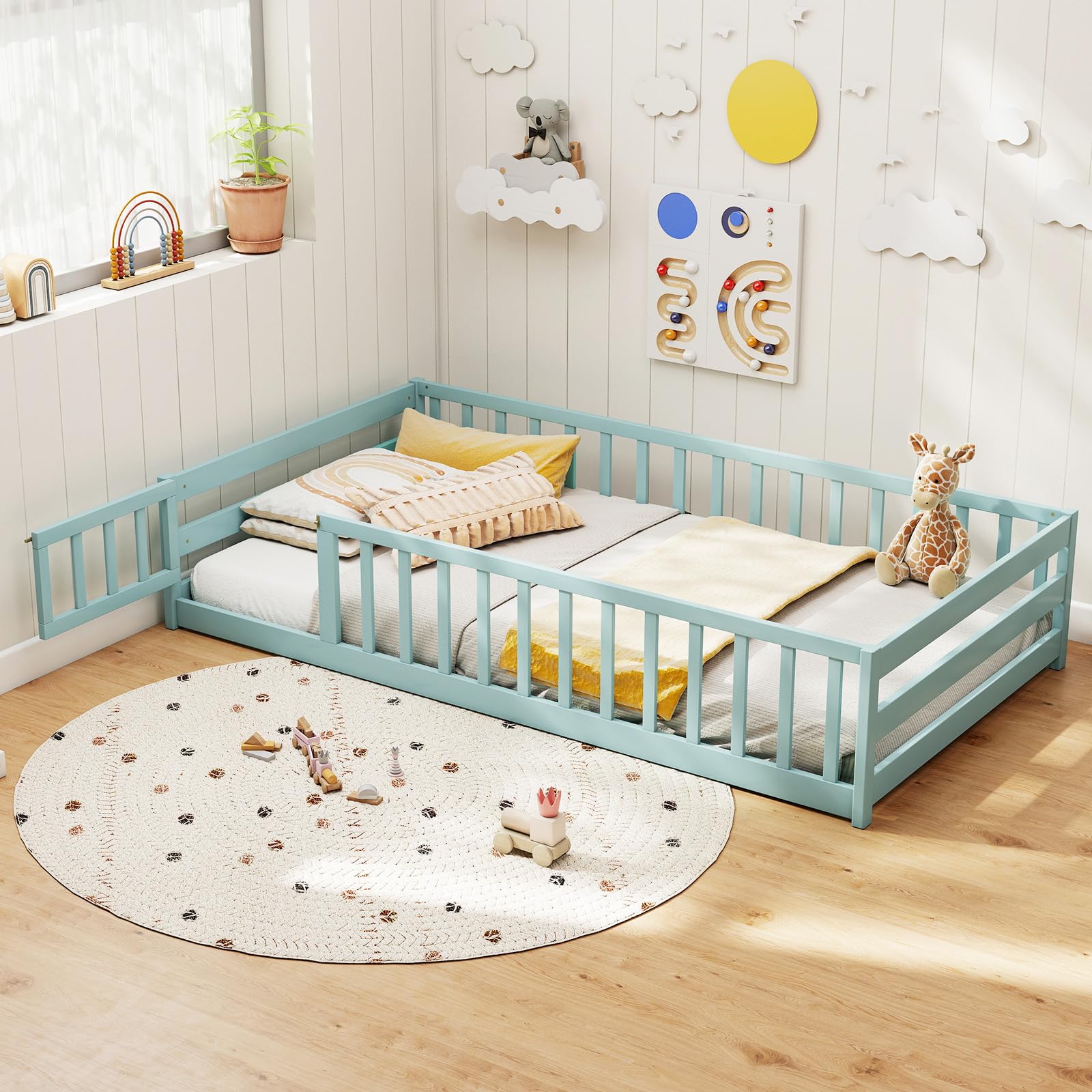 KOMFOTT Twin Floor Bed with Door & Fence, Kids Wood Montessori Bed with Safety Guardrails