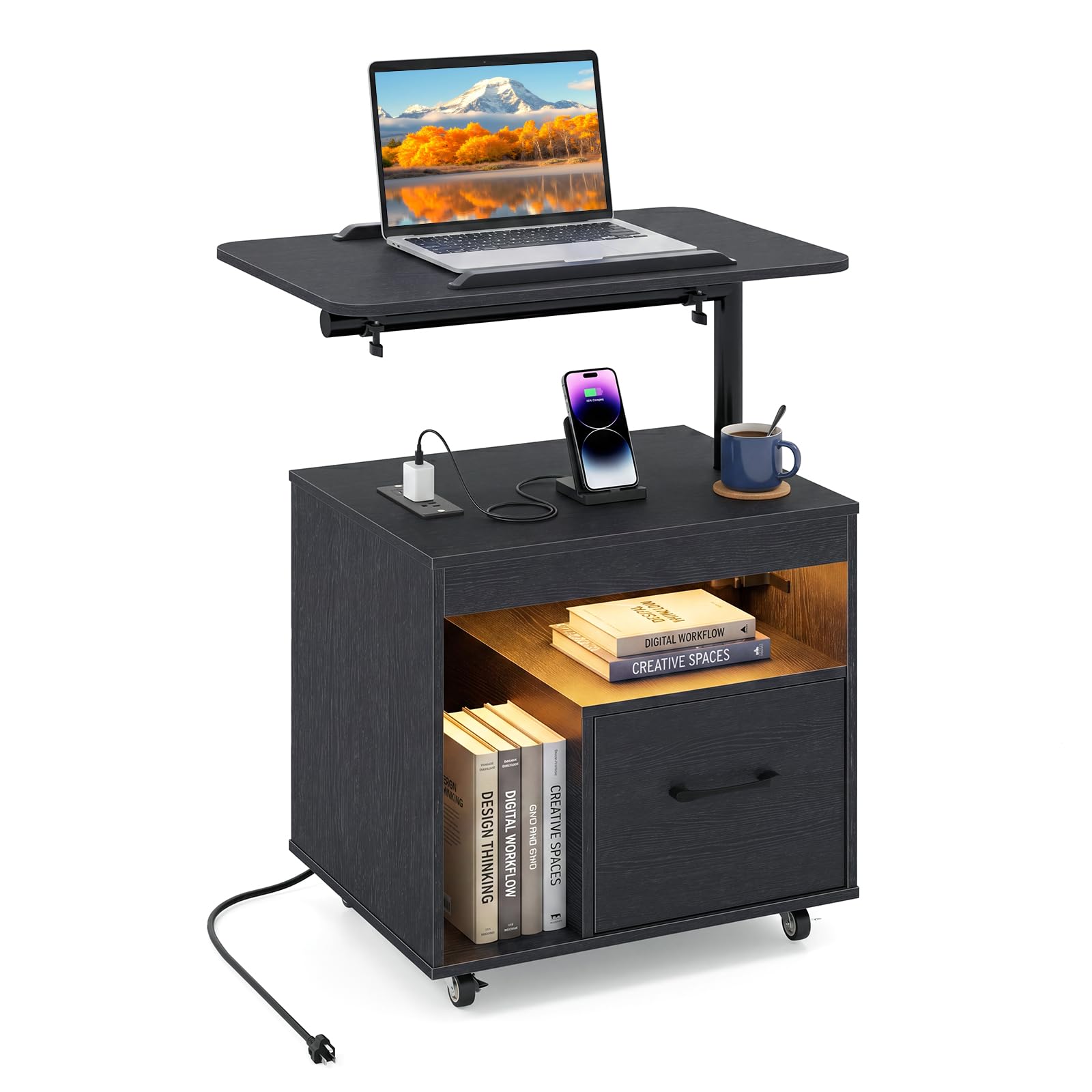 KOMFOTT LED Nightstand with Charging Station Modern Bedside Table(23.5" x 16" x 29.5")