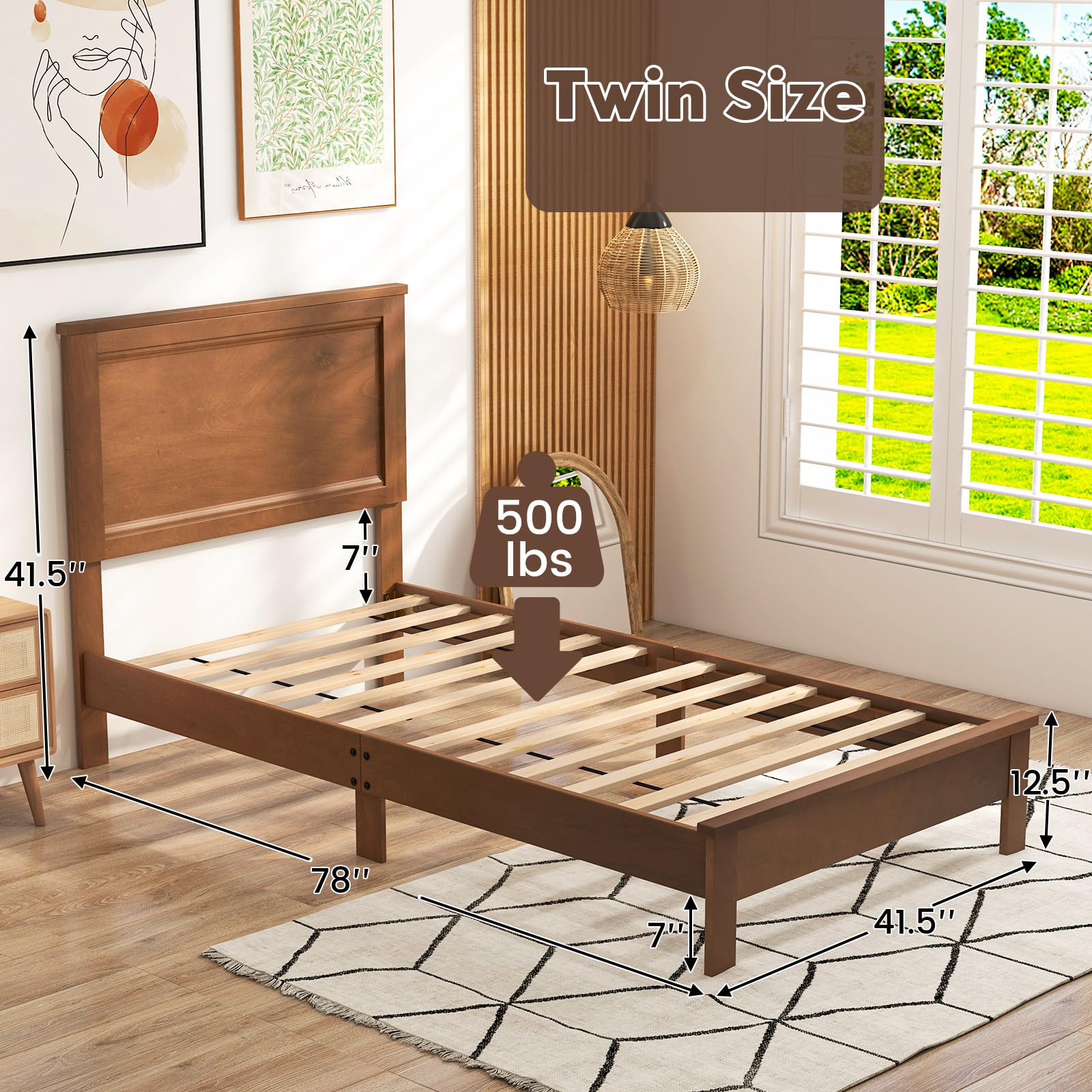 KOMFOTT Wood Platform Bed Frame with Headboard, Mid Century Platform Bed Frame with Solid Wood Legs & Wooden Slat Support