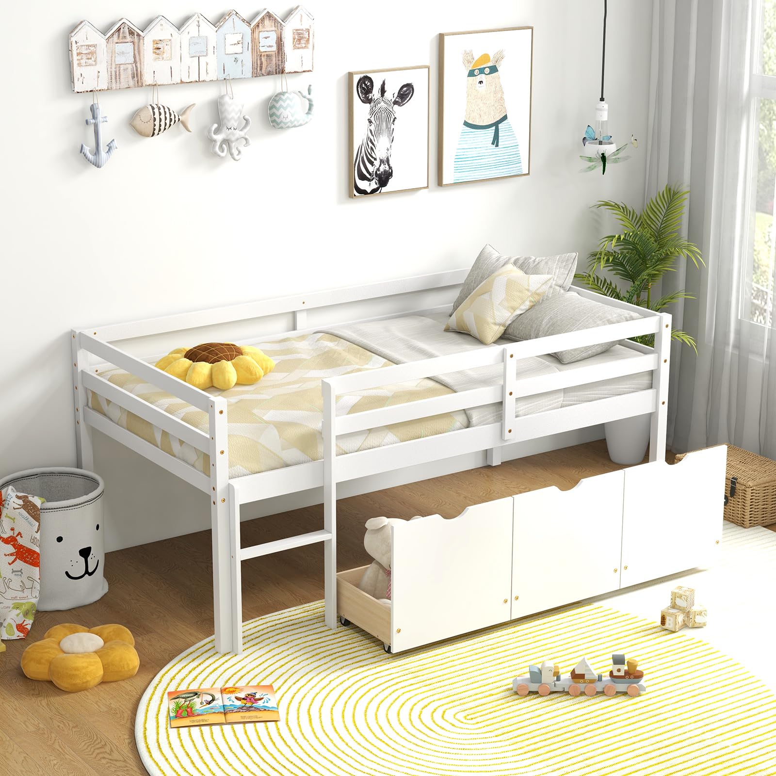 KOMFOTT Twin Low Loft Bed with 3 Storage Drawers