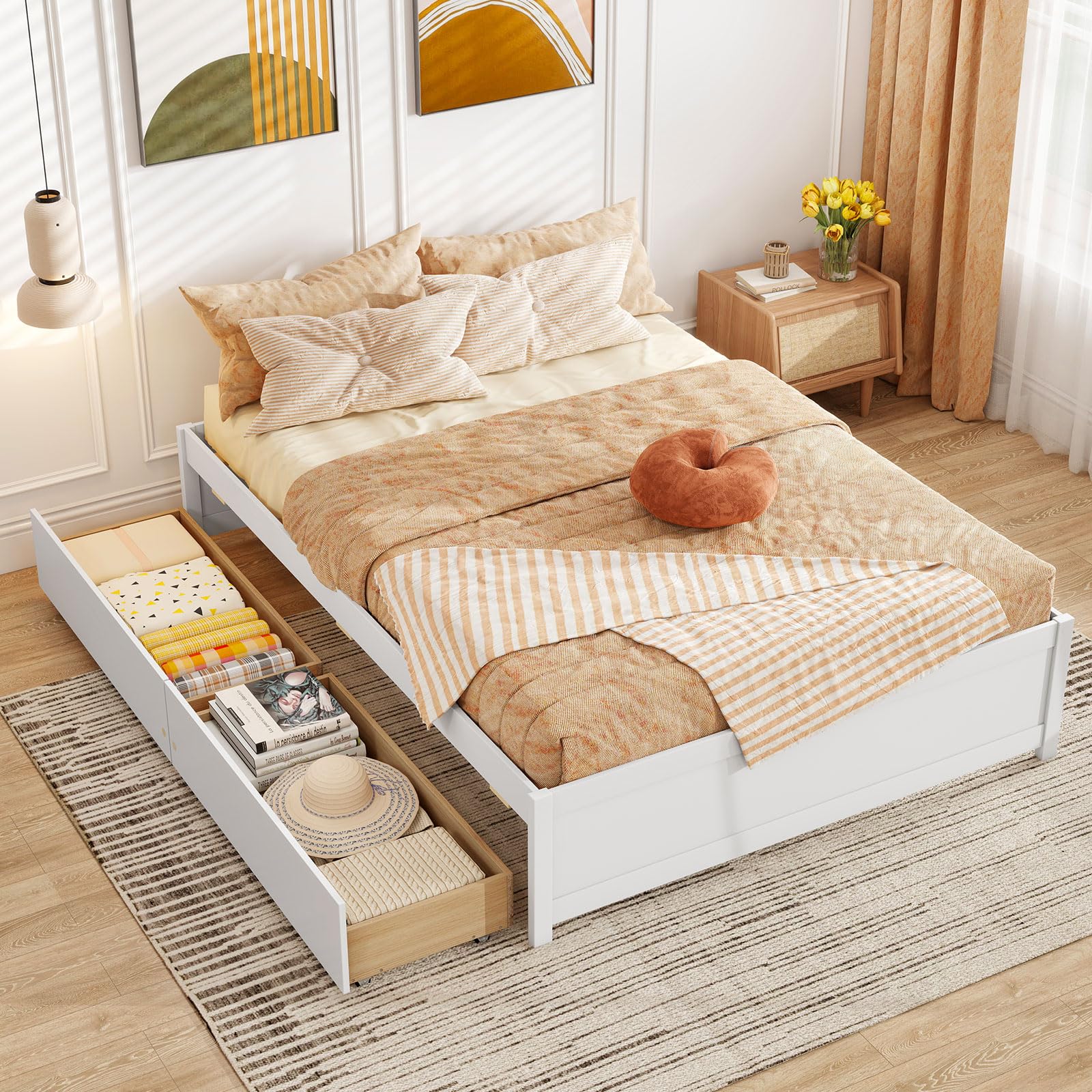 KOMFOTT Bed Frame with 2 Storage Drawers, Solid Wood Platform Bed with Slats Support