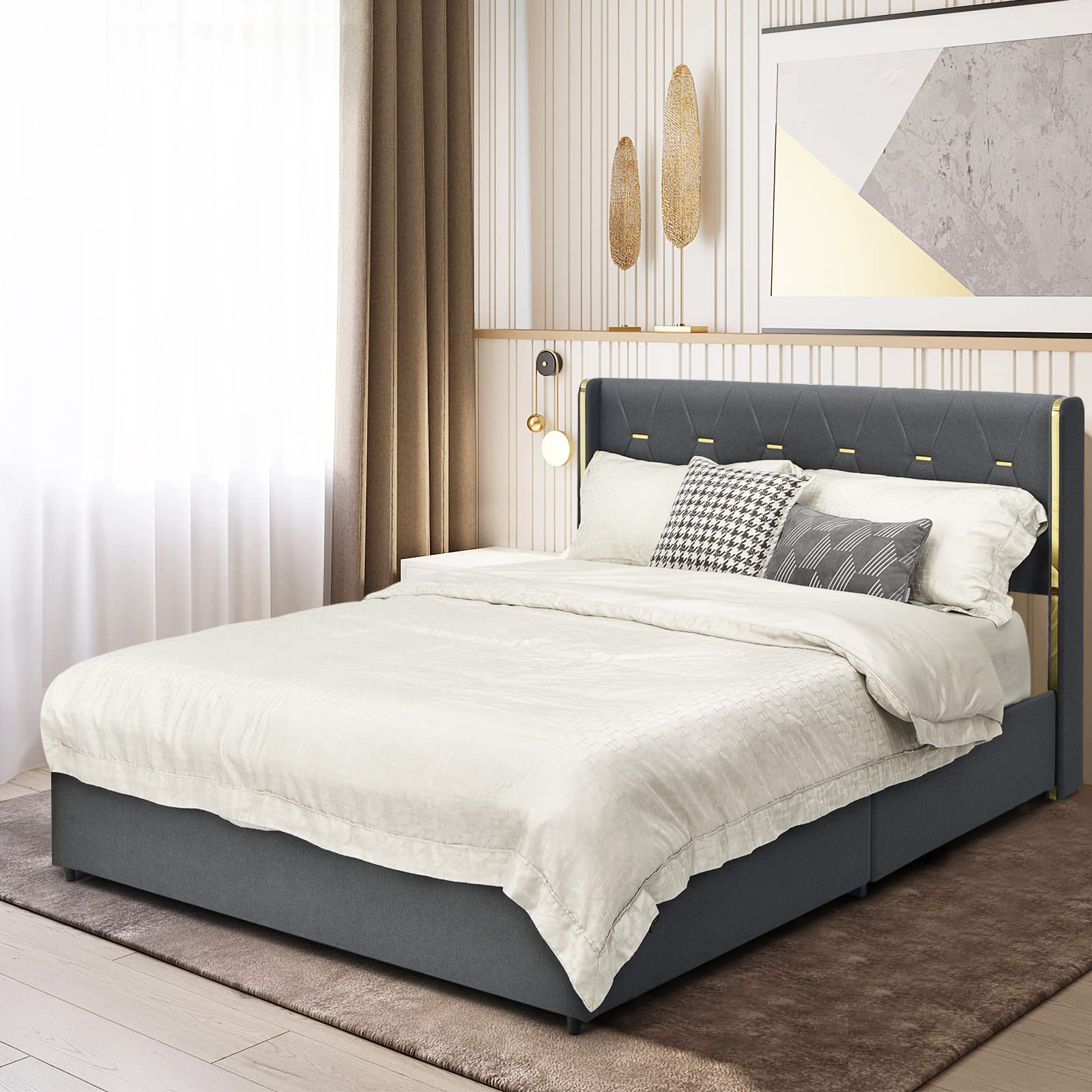 KOMFOTT Full/Queen Upholstered Bed Frame with 4 Rolling Storage Drawers, Space Saving PU Leather Bed Frame