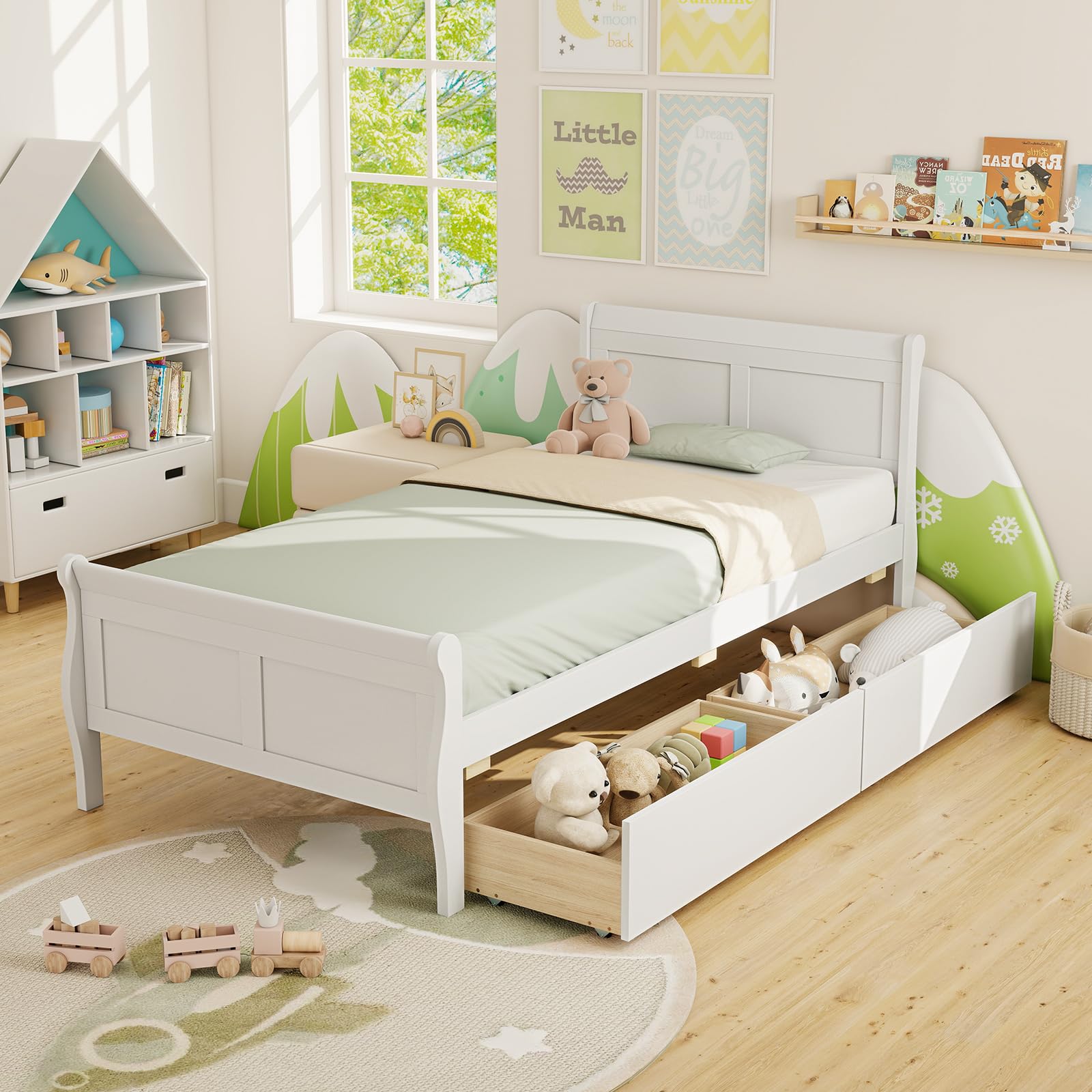 KOMFOTT Twin Size Sleigh Wood Bed Frame with 2 Storage Drawers