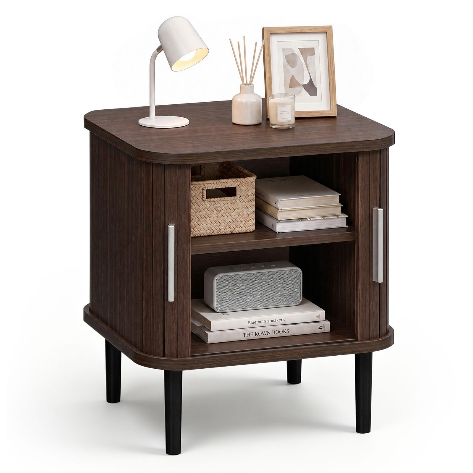KOMFOTT Fluted Nightstand with Sliding Doors Wood Bedside Table(1/2)