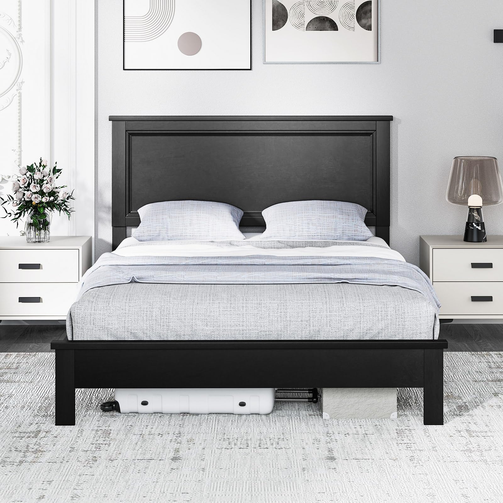 KOMFOTT Mid-Century Modern Platform Bed with Headboard, Solid Wood Legs