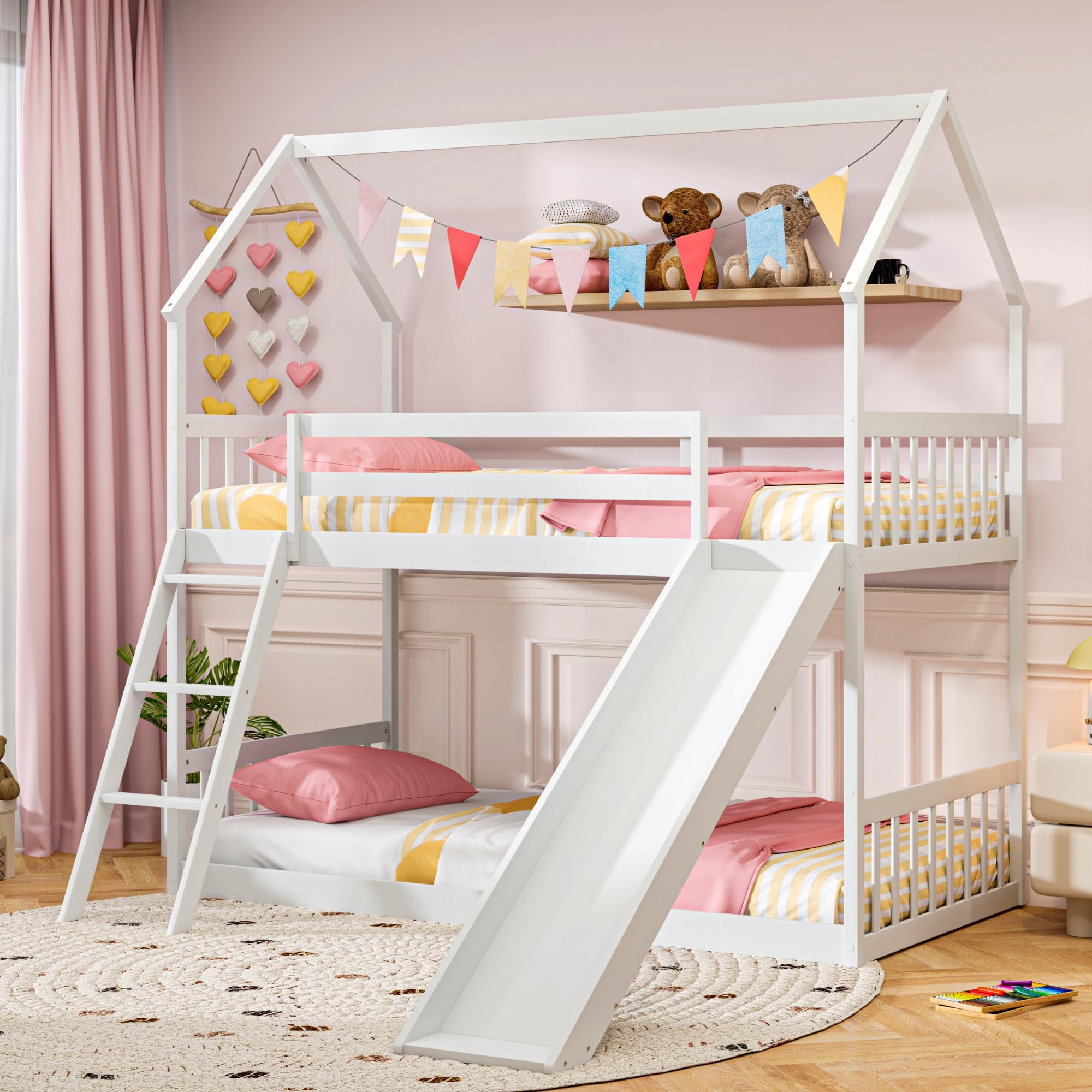 KOMFOTT Wood Twin Over Twin House Bunk Bed(White)