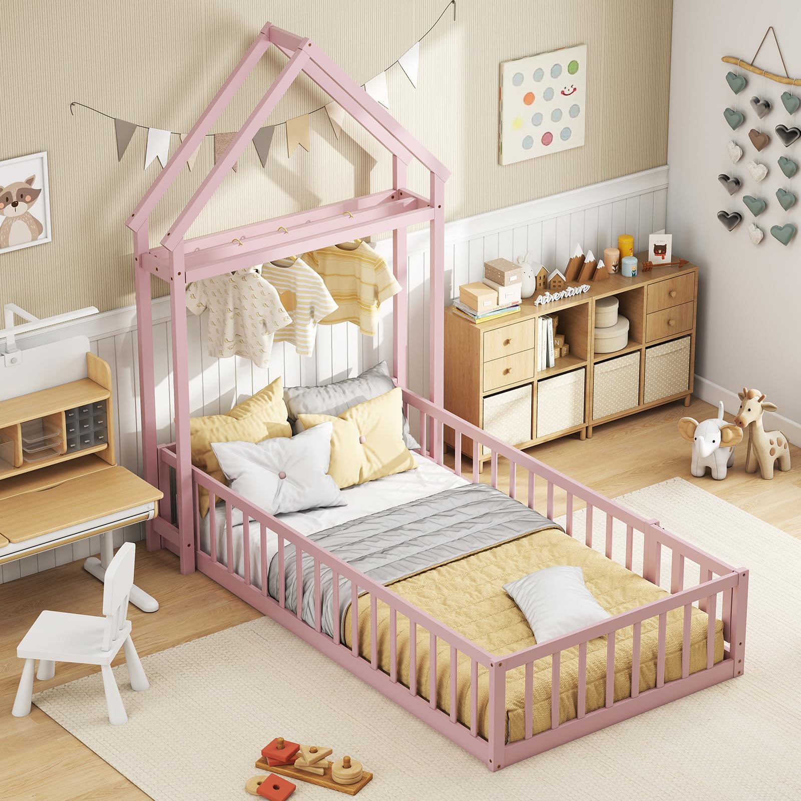 KOMFOTT Twin Size Floor Bed with House-Shaped Headboard（Twin with Headboard）