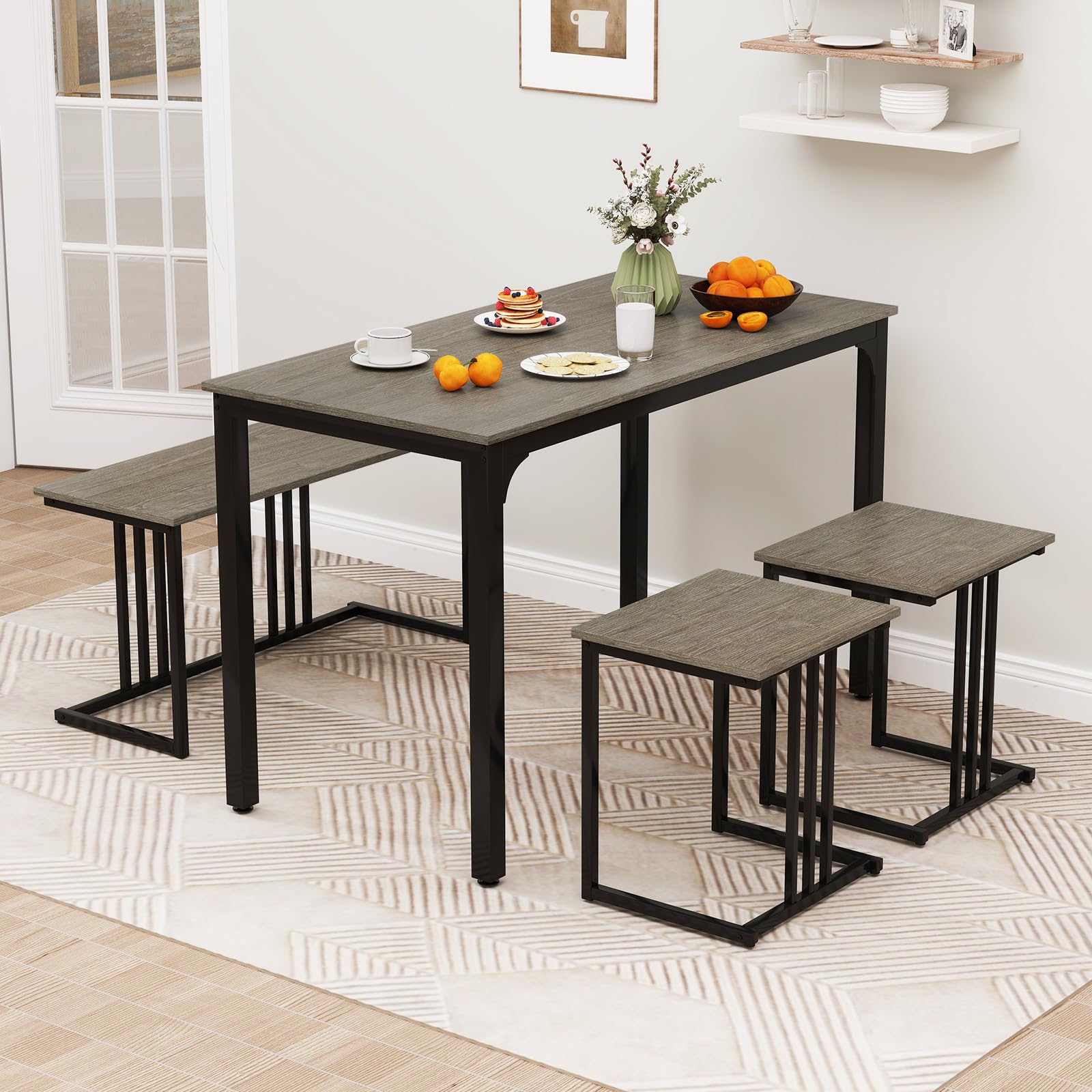 KOMFOTT 4 Piece Dining Table Set for 4 with Bench & 2 Stools, Space-Saving Desk Set