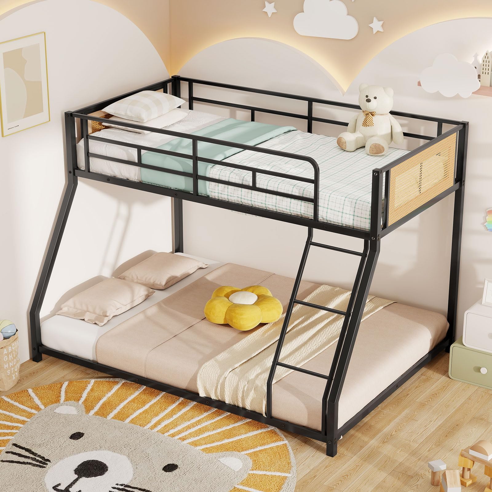 KOMFOTT Metal Bunk Bed Twin Over Full Low Profile Boho Rattan Bunk Bed