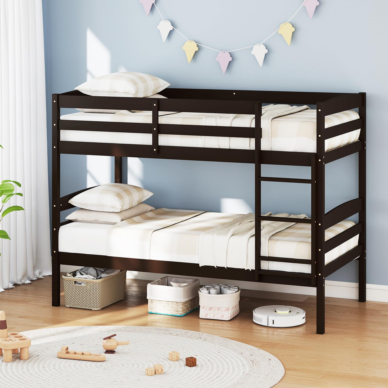 KOMFOTT Twin Over Twin Wood Bunk Bed, Converts to 2 Individual Beds