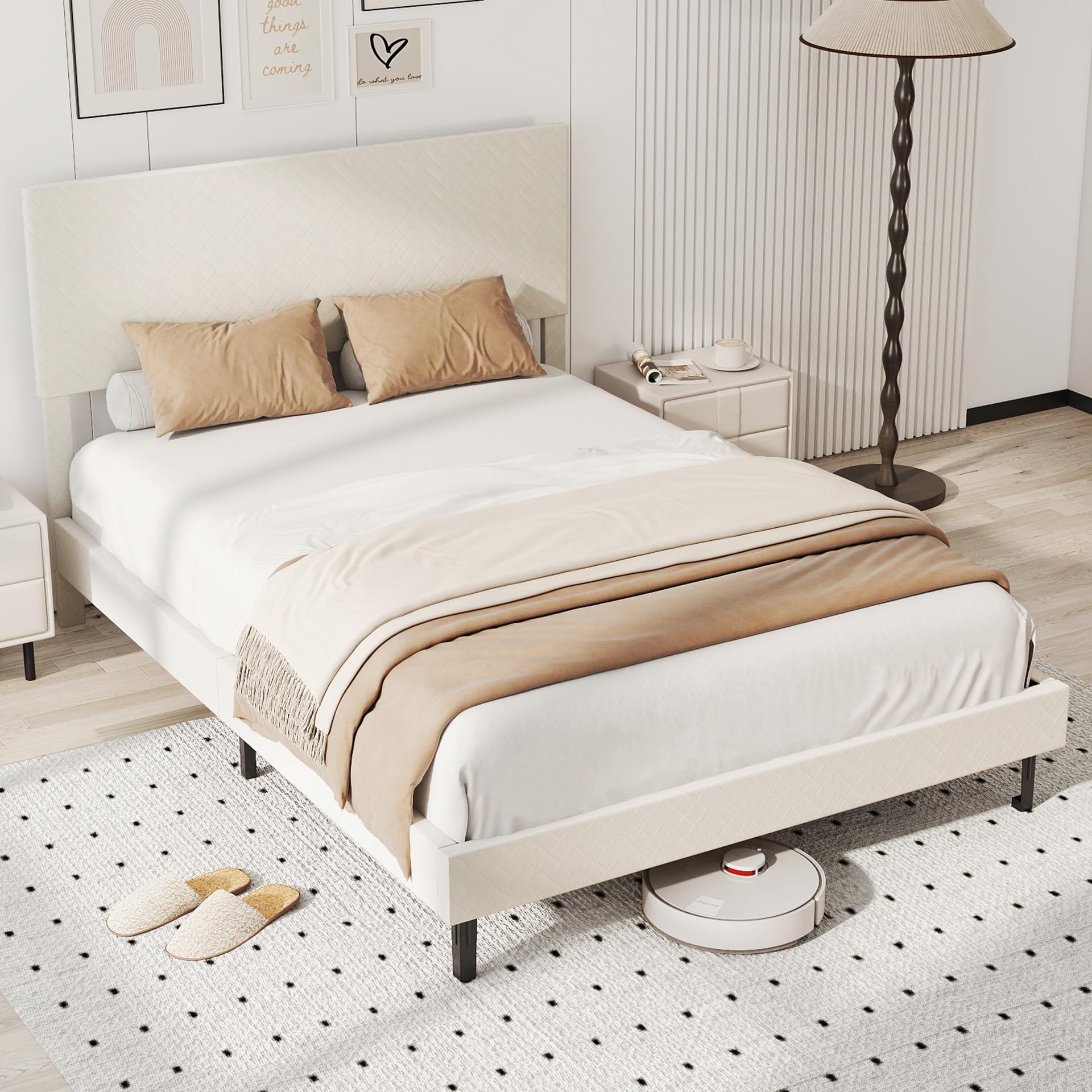 KOMFOTT Bed Frame with Height Adjustable Linen Headboard