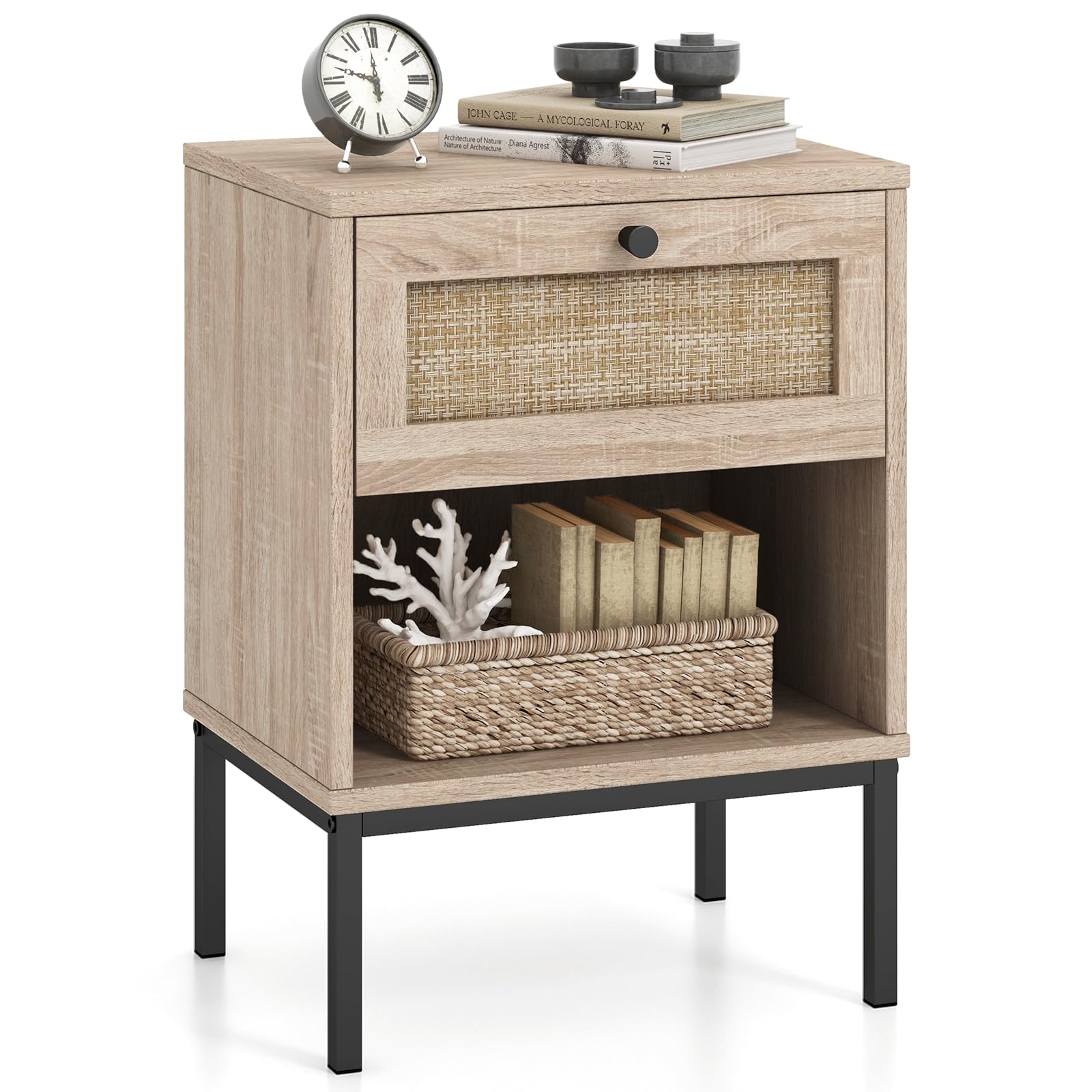 KOMFOTT Rattan Nightstand with Drawer & Open Storage Shelf