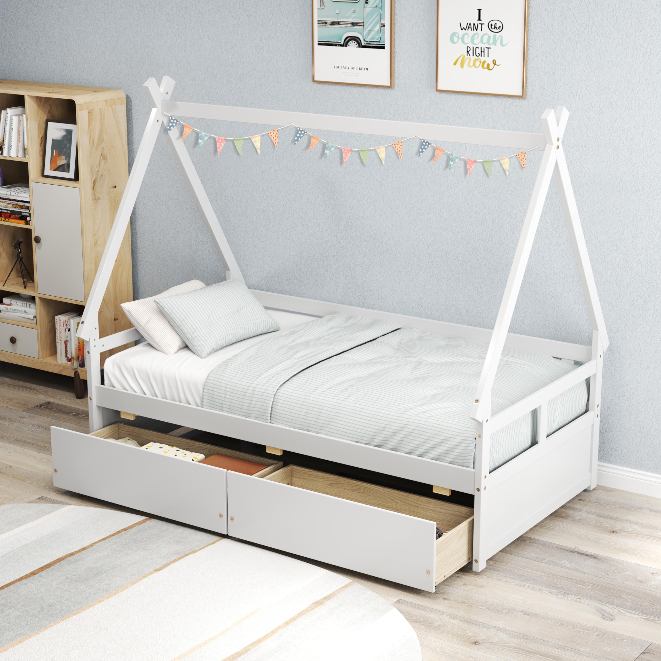 KOMFOTT Twin House Bed with 2 Storage Drawers(Twin with Drawers)