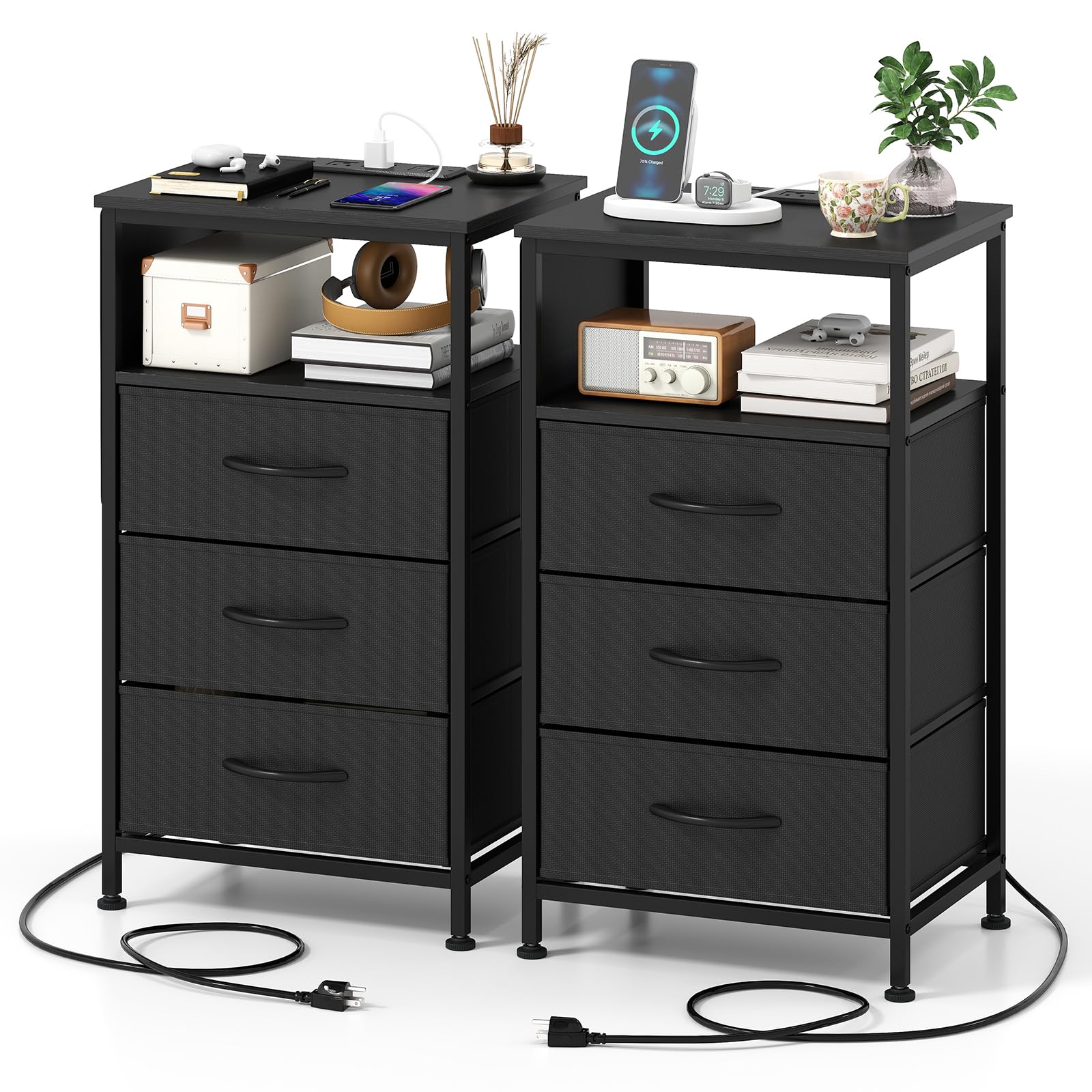 KOMFOTT 1/2 Nightstand with Charging Station 27.5" Modern Bedside Table ( 3 Drawers)