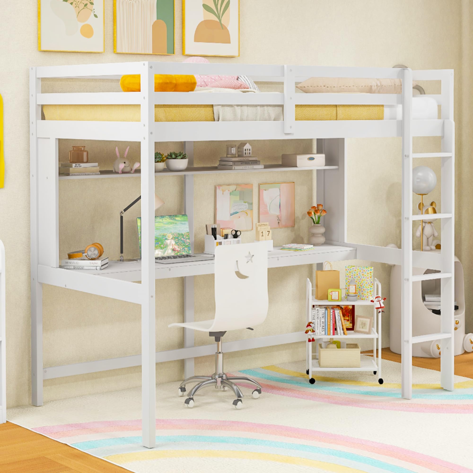 KOMFOTT Twin Loft Bed with Desk Wood Loft Beds for Kids