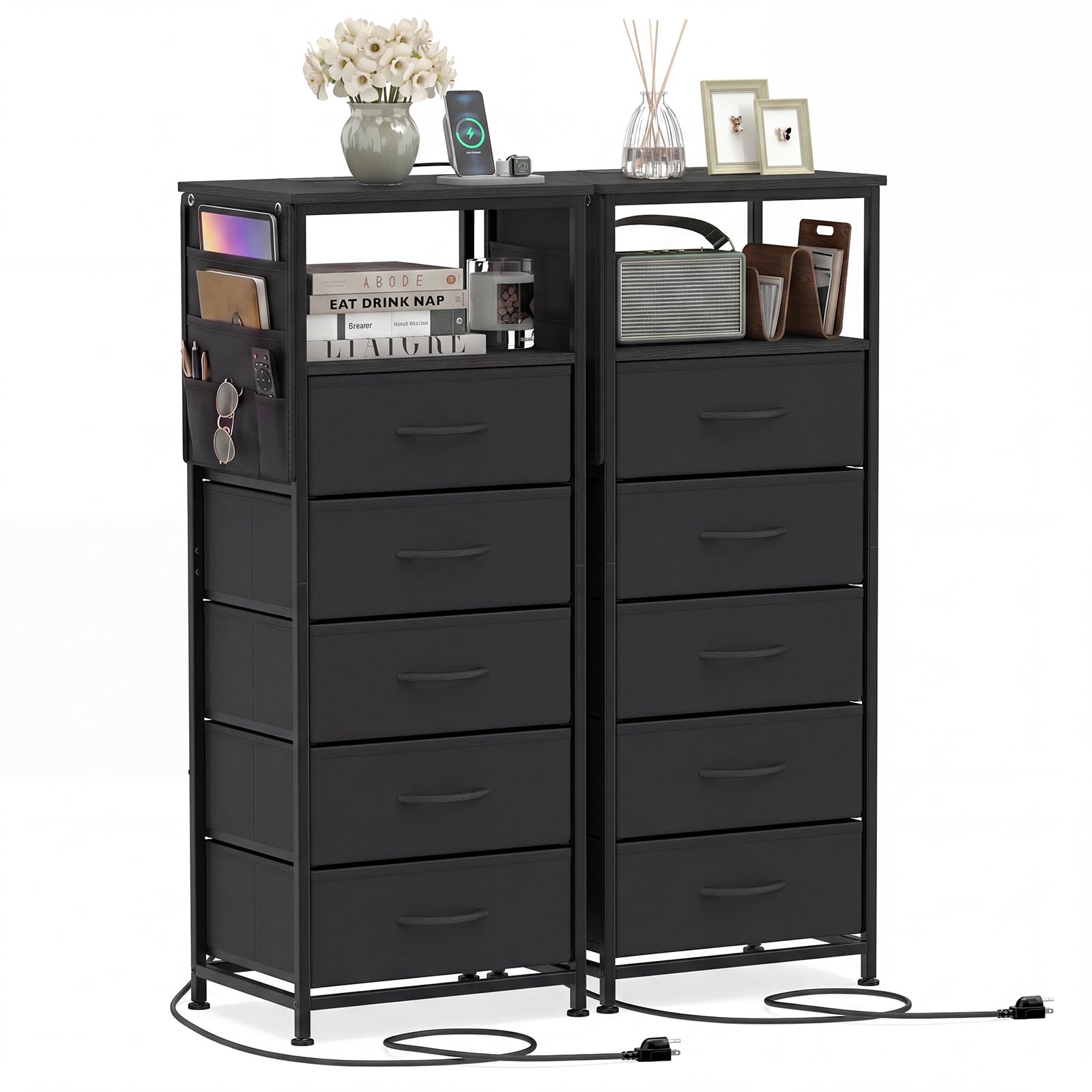 KOMFOTT 1/2 Nightstand with Integrated Charging Station 39" Tall Modern End Table(5 Drawers)