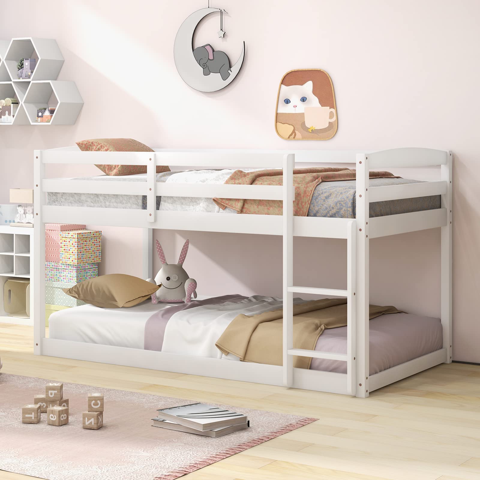 KOMFOTT Twin Over Twin Solid Wood Low Bunk Bed with Full Guardrails & Integrated Ladder