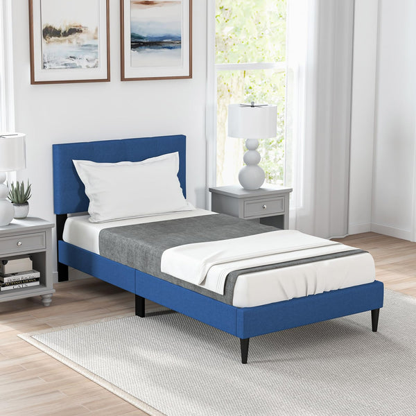 KOMFOTT Twin/Queen Size Upholstered Platform Bed Frame with Button Tufted Linen Fabric Headboard