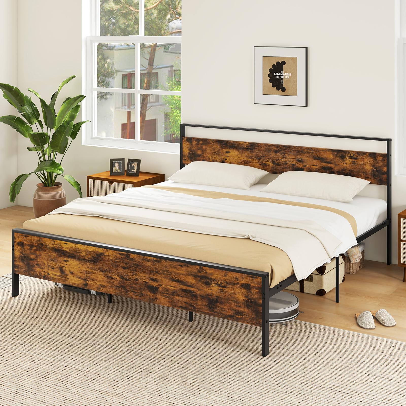 KOMFOTT  Metal Bed Frame with Footboard & Headboard  Heavy-Duty Platform Bed