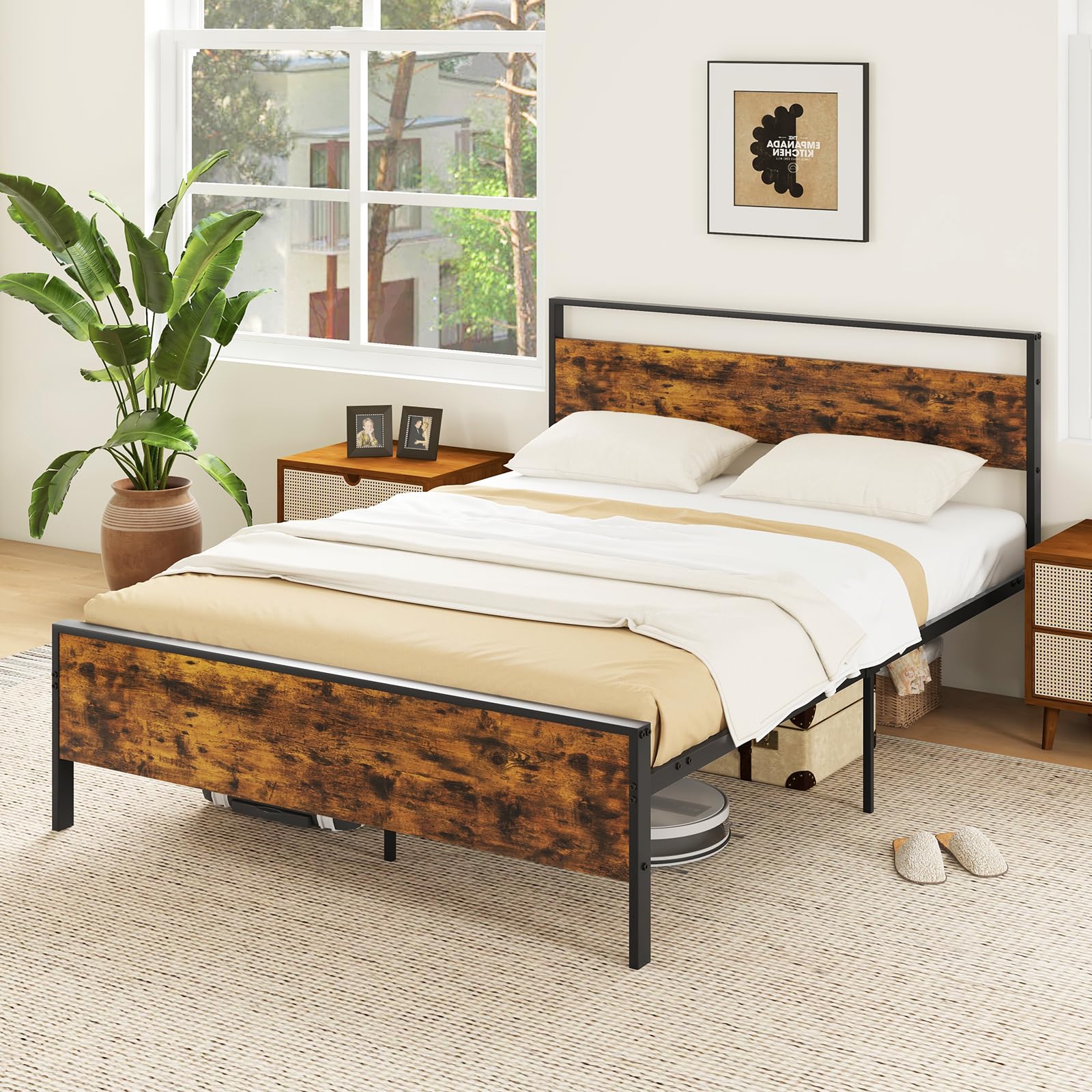 KOMFOTT  Metal Bed Frame with Footboard & Headboard  Heavy-Duty Platform Bed