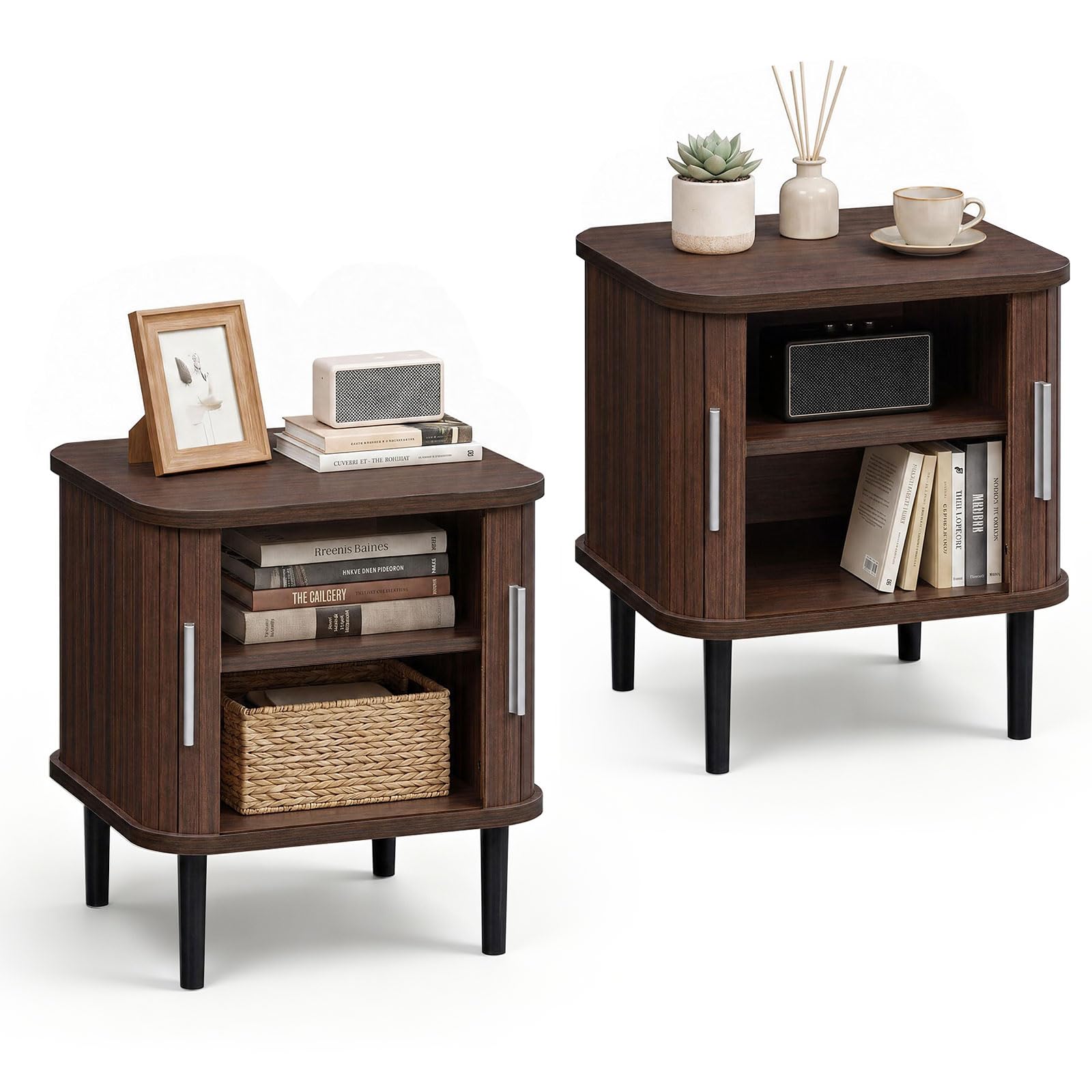 KOMFOTT Fluted Nightstand with Sliding Doors Wood Bedside Table(1/2)
